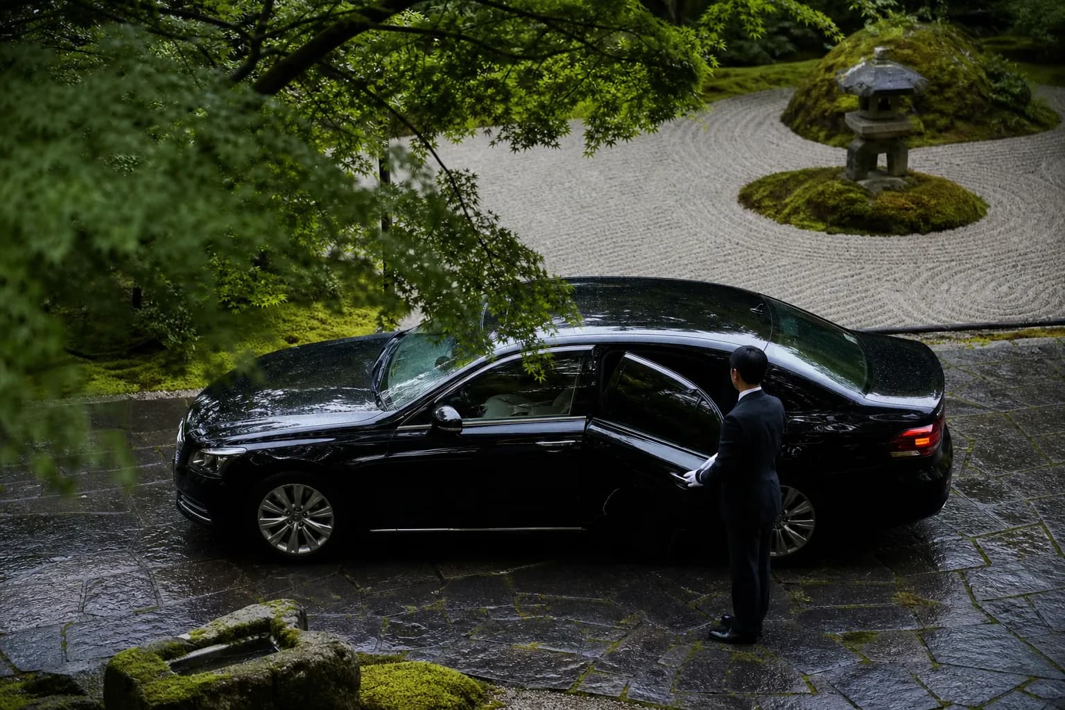A luxurious private car parked near a traditional Japanese garden, waiting for VIP guests.