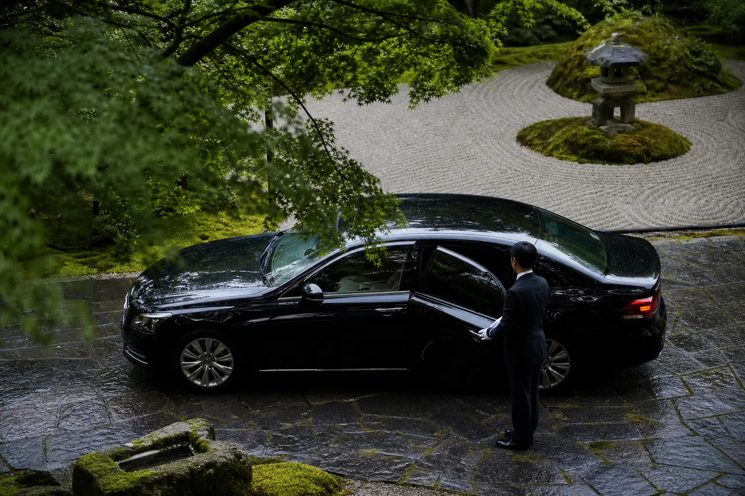 A luxurious private car parked near a traditional Japanese garden, waiting for VIP guests.