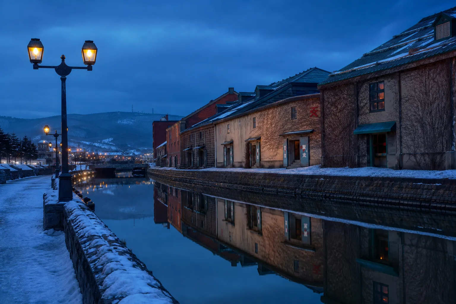 The Otaru Canal at winter dusk, its historic stone warehouses and gas lamps reflected in still water