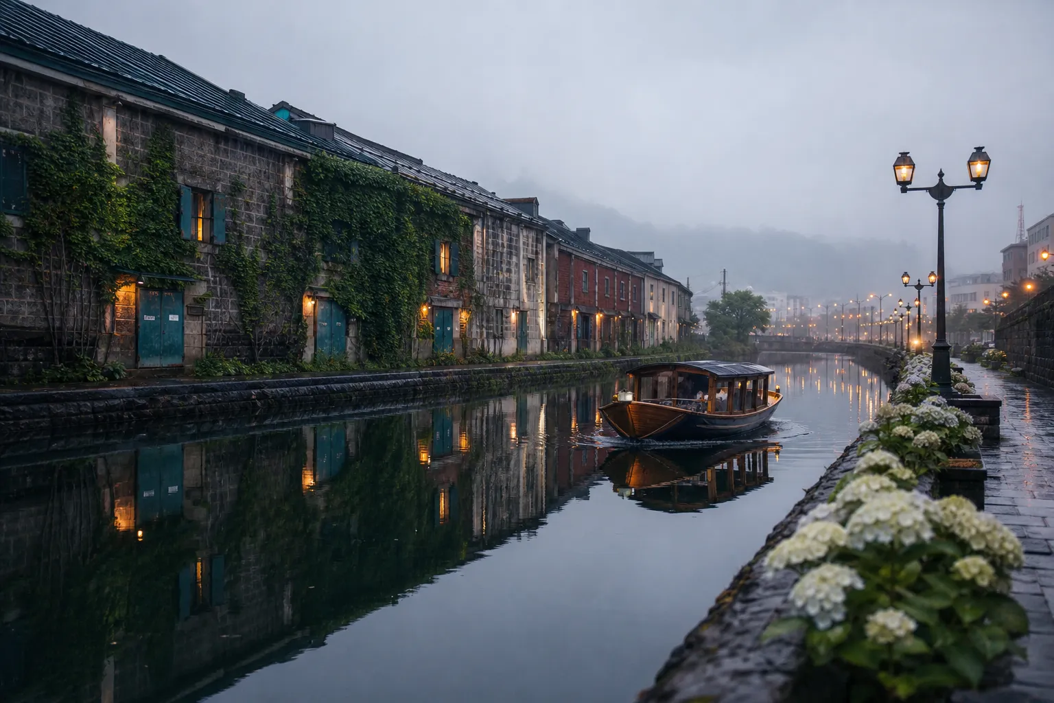 A sightseeing boat cruising the Otaru Canal at sunset past illuminated brick warehouses and flower-lined promenades