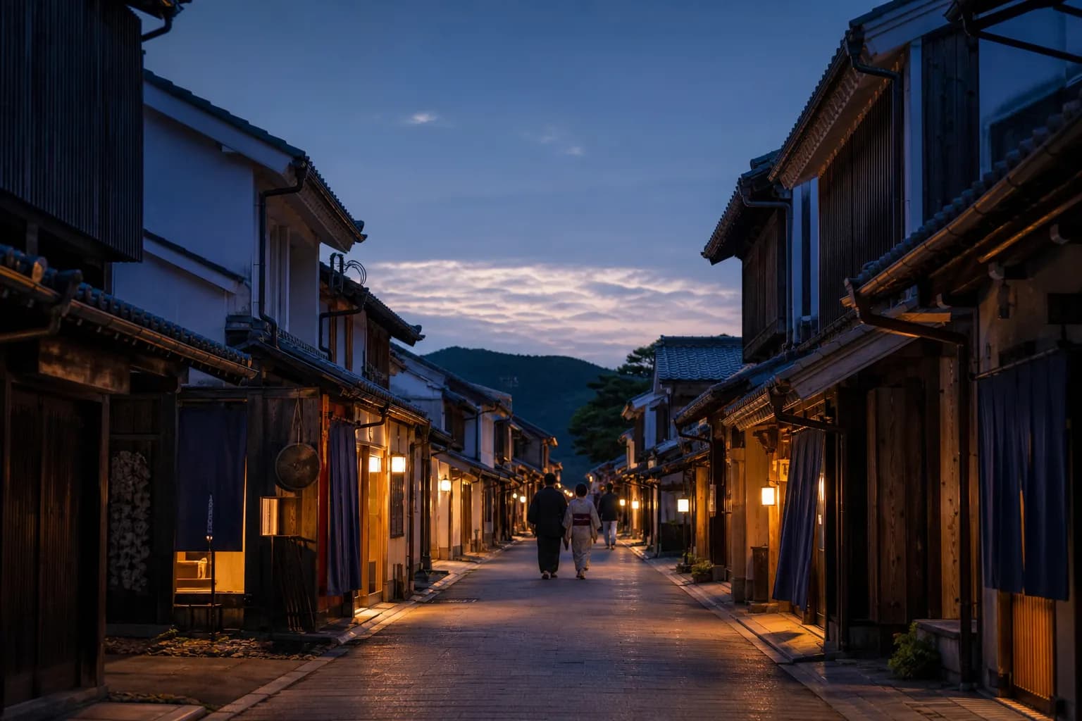 A quiet heritage street in Ozu Castle Town with traditional wooden buildings at nightfall