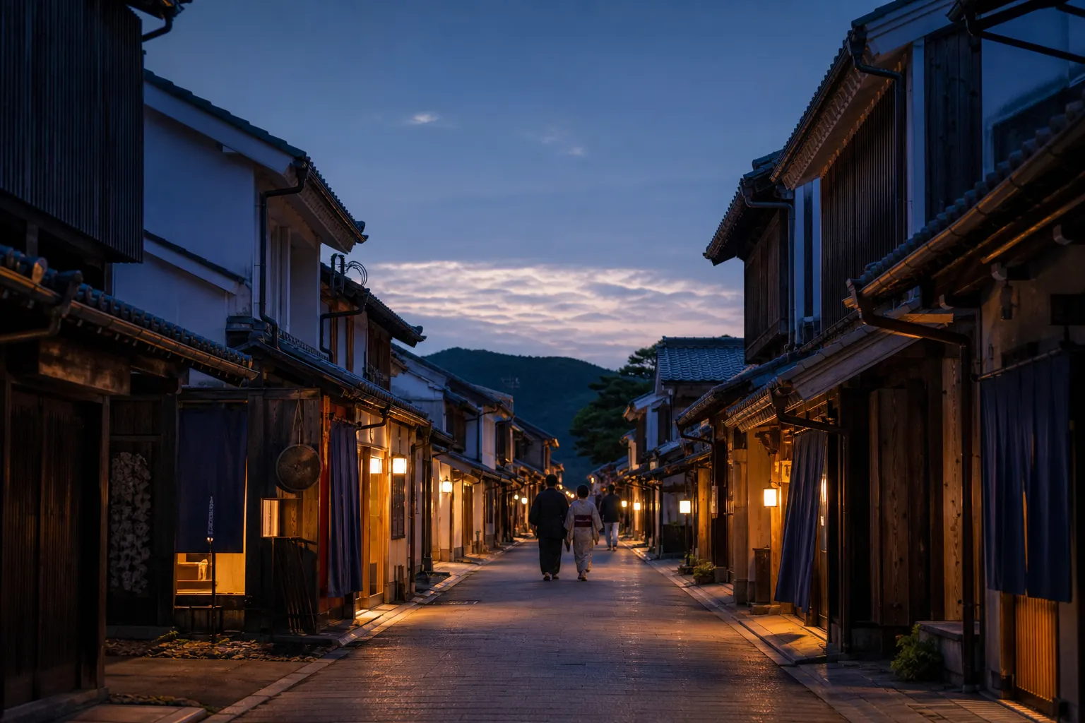 A quiet heritage street in Ozu Castle Town with traditional wooden buildings at nightfall