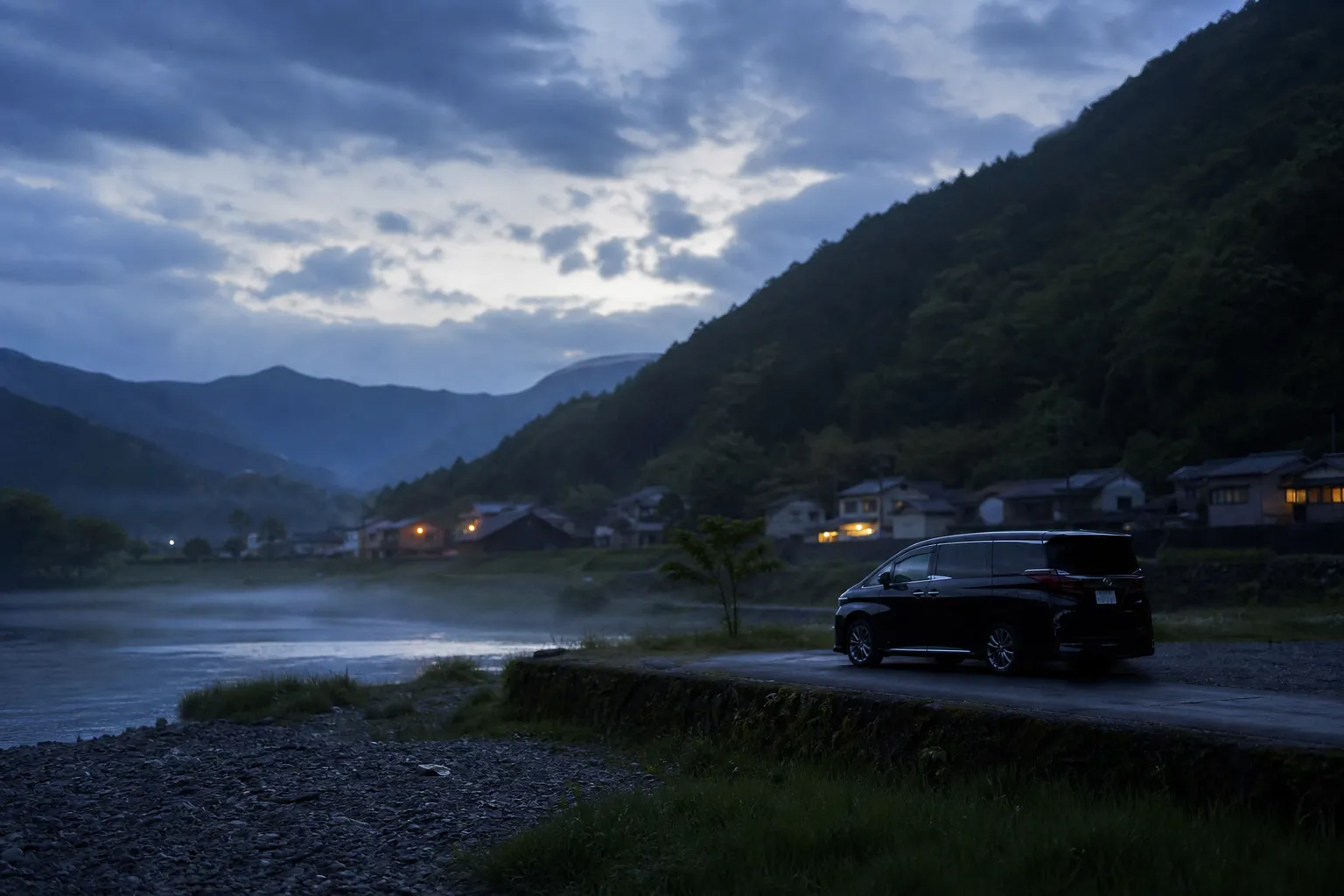 A discreet chauffeured luxury minivan used for private travel routing in Shikoku