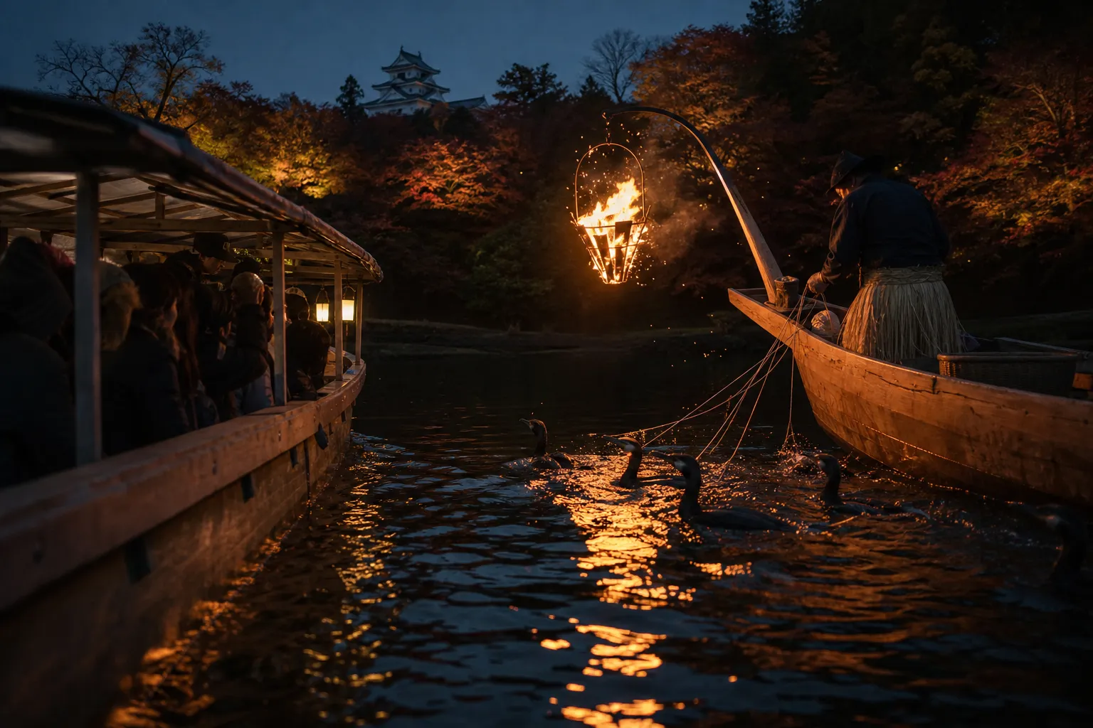cormorant fishing boat and viewing boat traveling side-by-side on the torchlit Hijikawa River at night near Ozu, with Ozu Castle silhouetted in the background