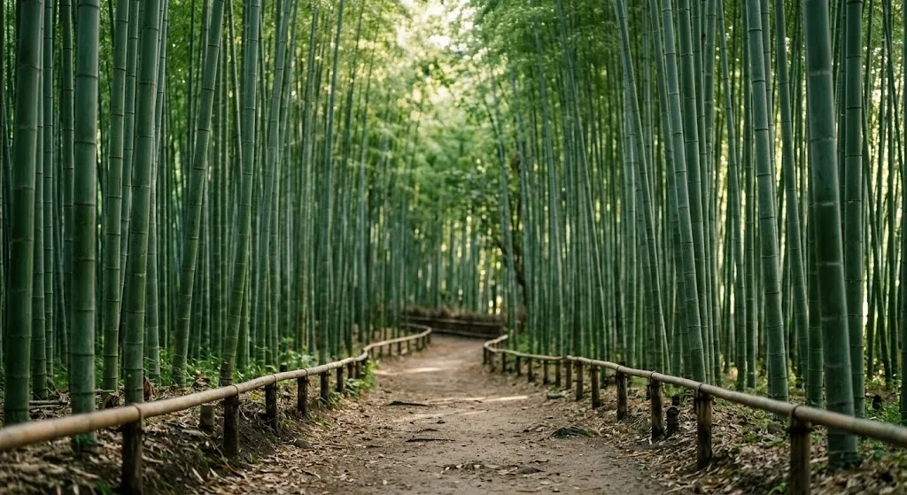 A serene, empty pathway through the towering green stalks of the Arashiyama Bamboo Grove in Kyoto.