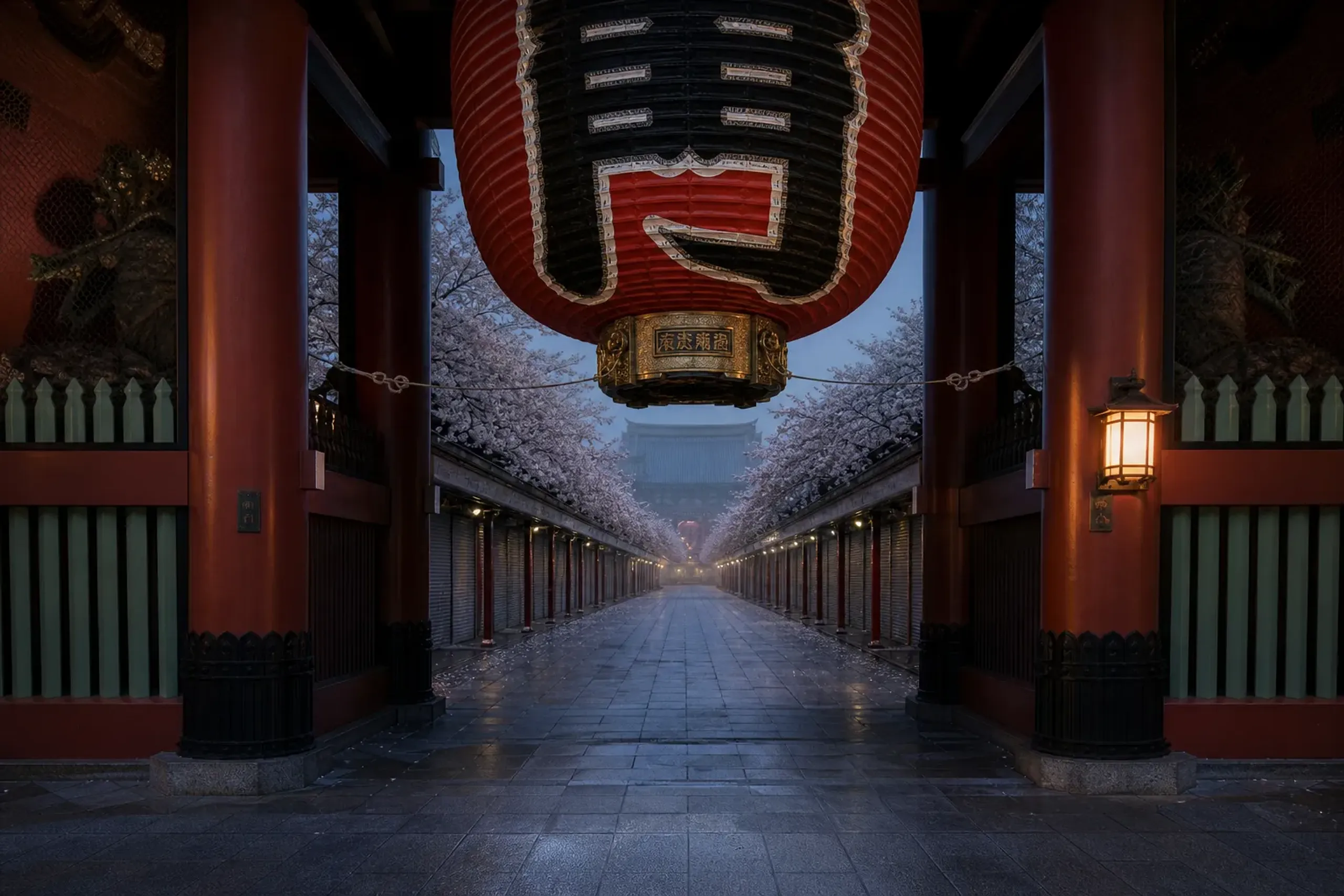 Early-morning, crowd-free view through the Kaminarimon gate lantern into Nakamise-dori leading toward Sensō-ji’s temple precinct in Asakusa, emphasizing the quiet approach before daytime crowds