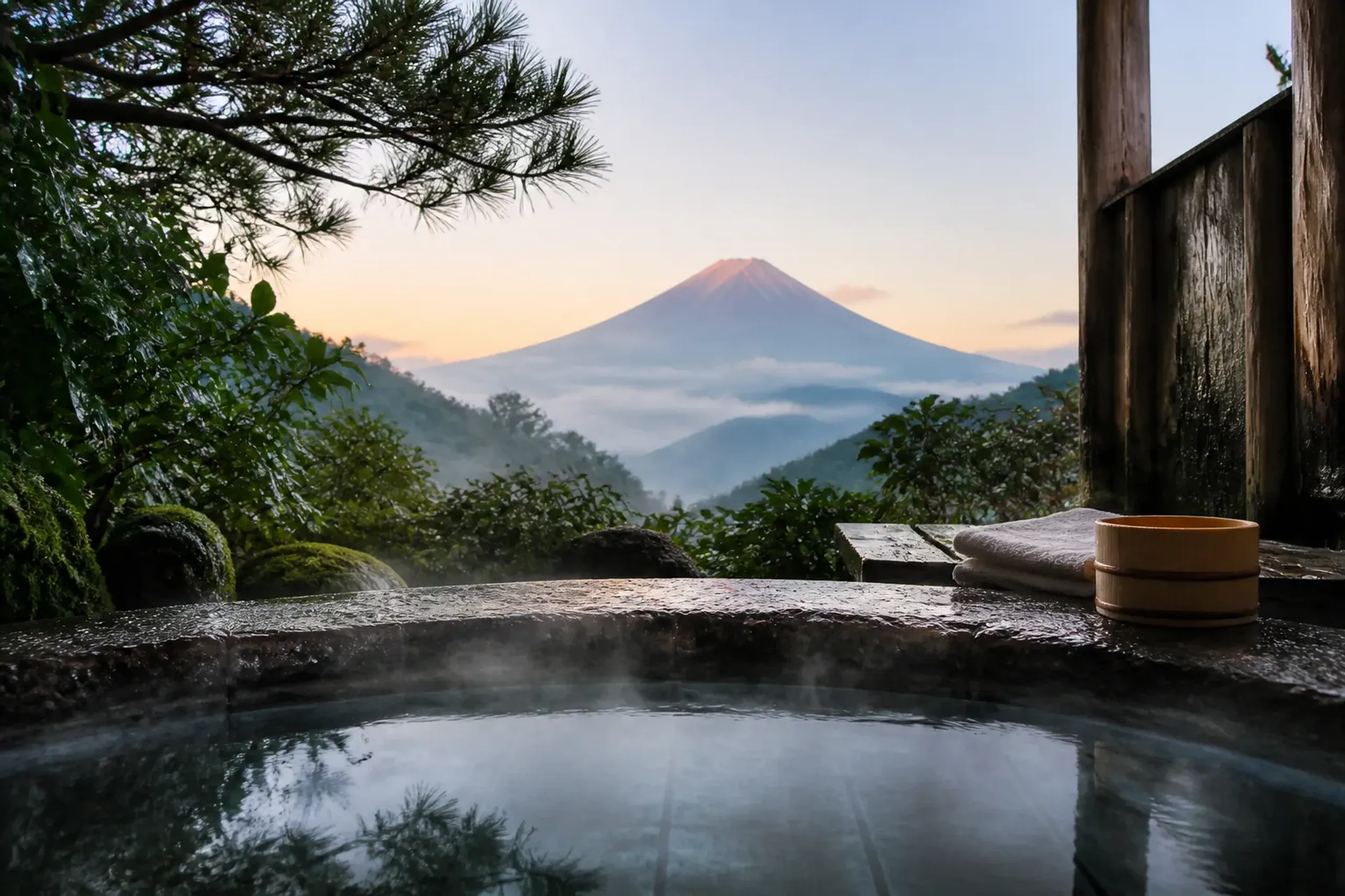 A private open-air onsen bath terrace at a Hakone ryokan with Mount Fuji’s symmetrical peak framed in the distance beyond the bath’s stone edge and steaming water