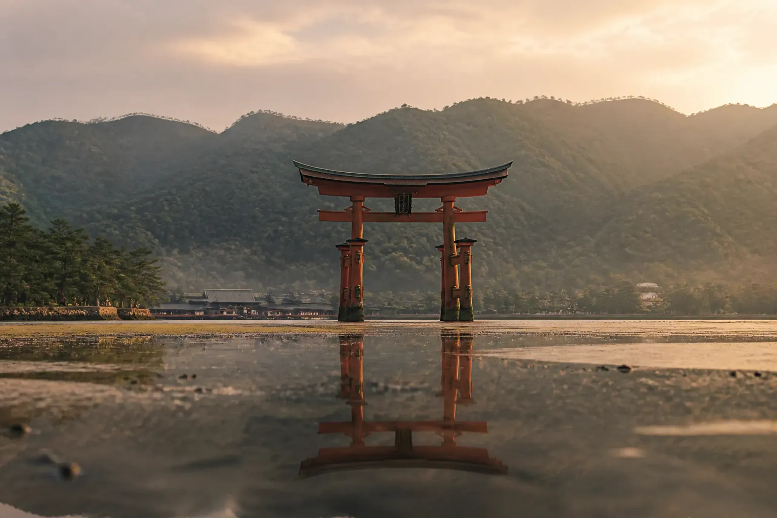 The vermilion Itsukushima Shrine torii gate standing in the tidal flats at Miyajima, photographed at low tide with wet sand reflections and no people in frame