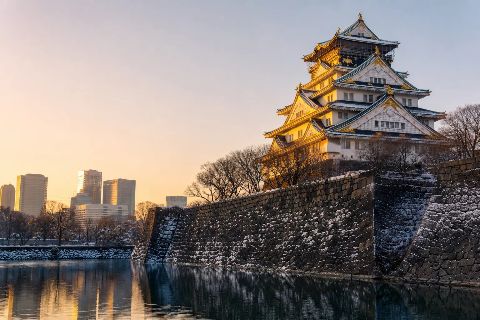 Osaka Castle atop a stone wall beside a river with a modern city skyline at sunset/sunrise behind it.