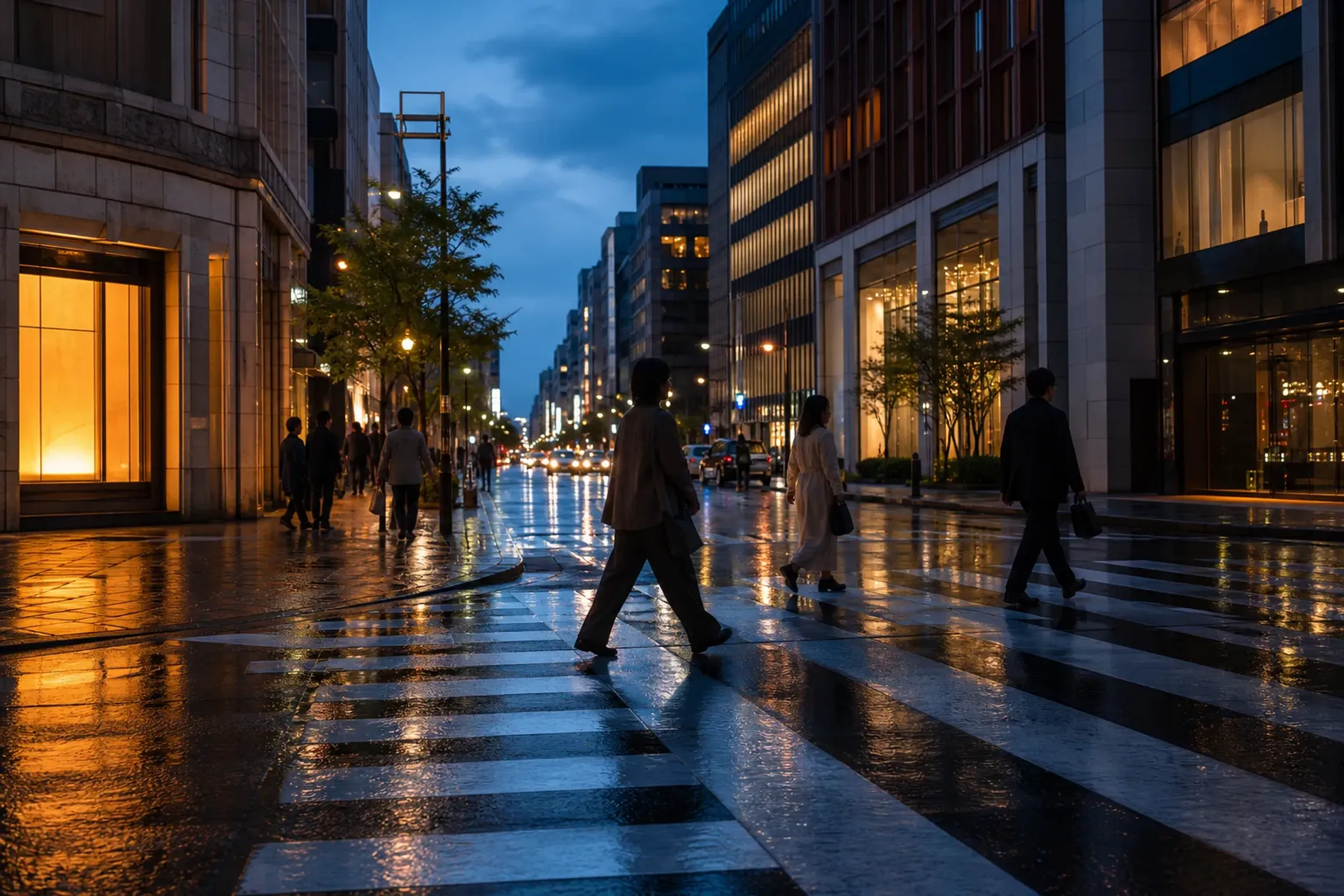 Tokyo Ginza street at night with pedestrians and illuminated storefronts