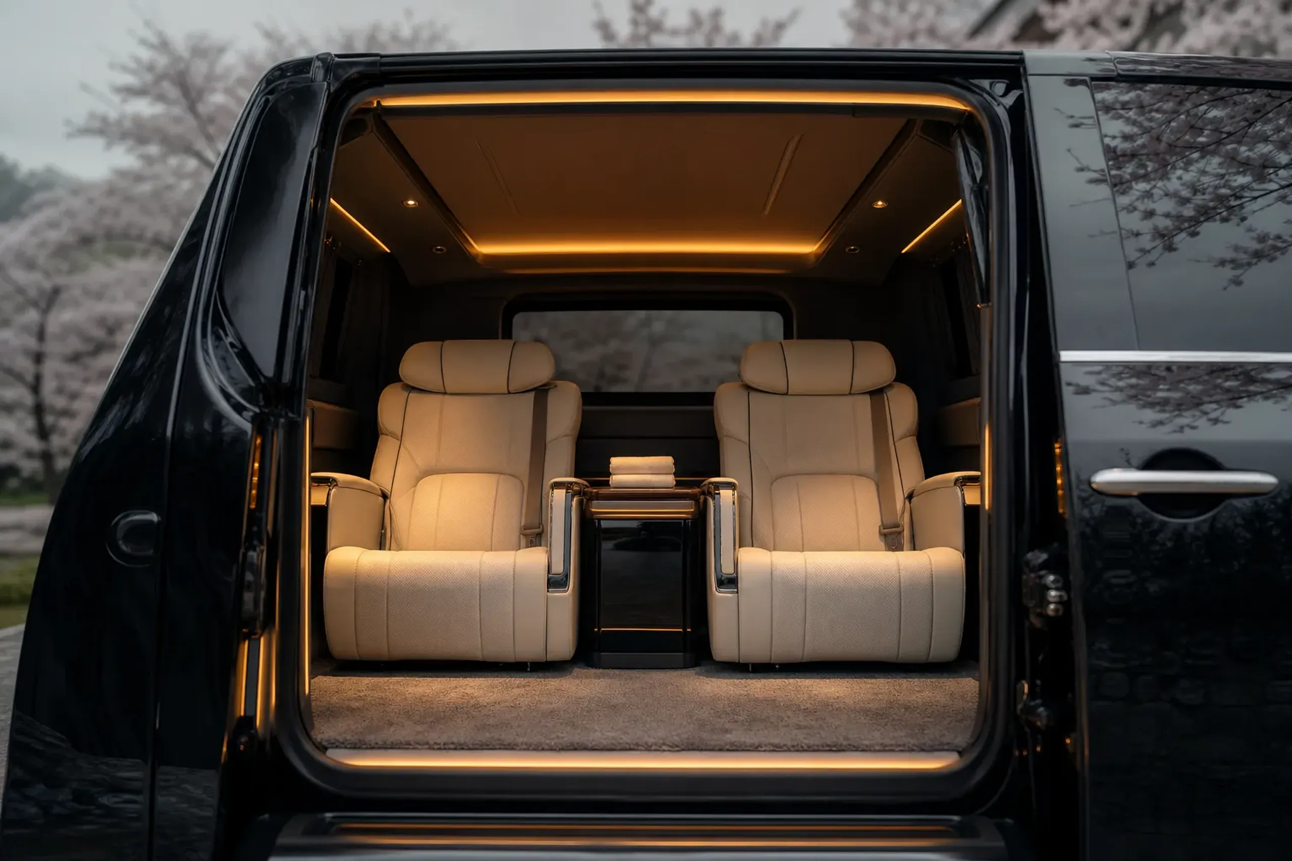 Luxury van interior with spacious captain seats and ambient lighting
