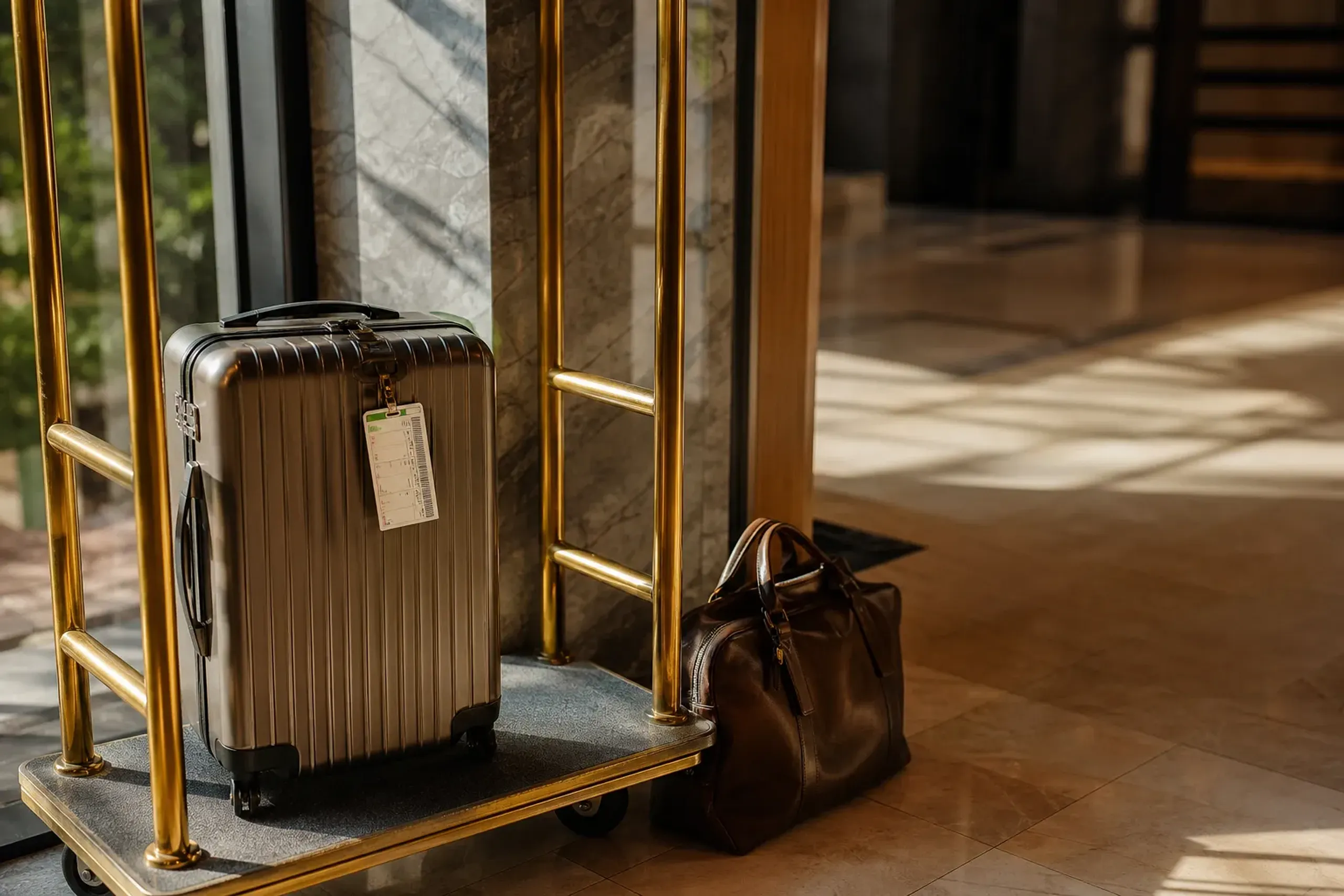 Small carry bag and tagged suitcase on a hotel luggage cart in Japan