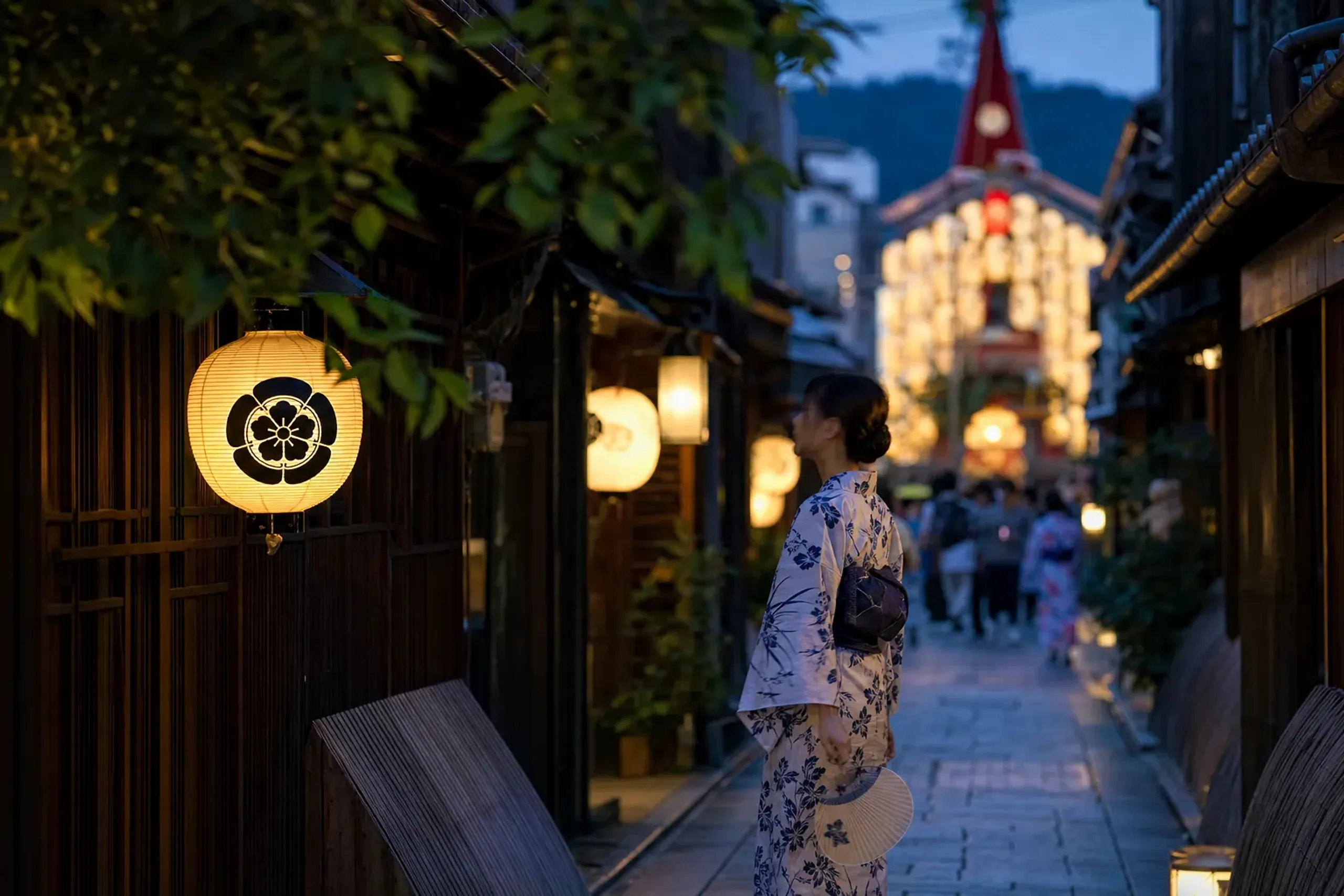 Kyoto street in summer with lanterns and festival atmosphere