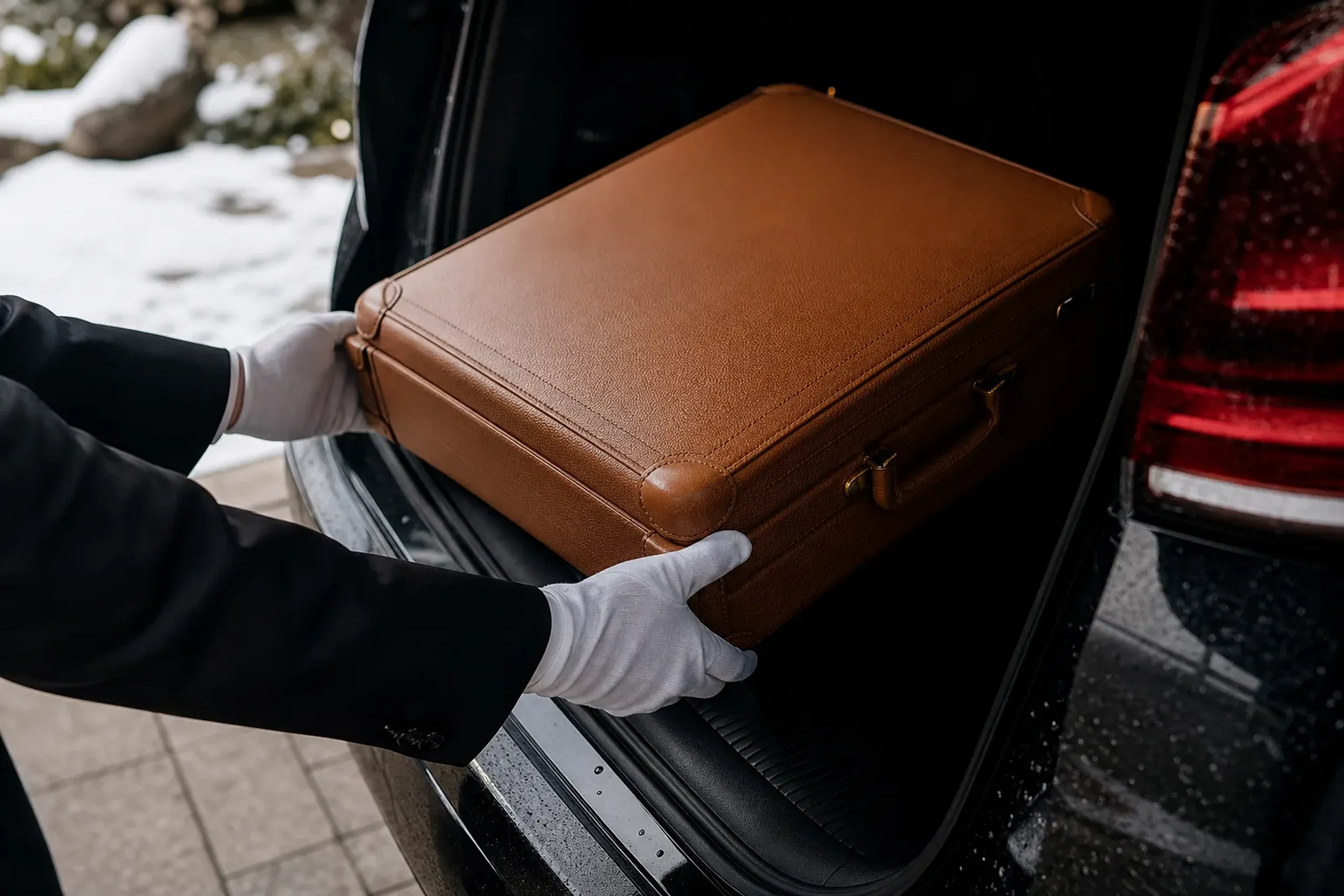 A white-gloved chauffeur's hands carefully lifting a leather suitcase into the open rear hatch of a Toyota Alphard