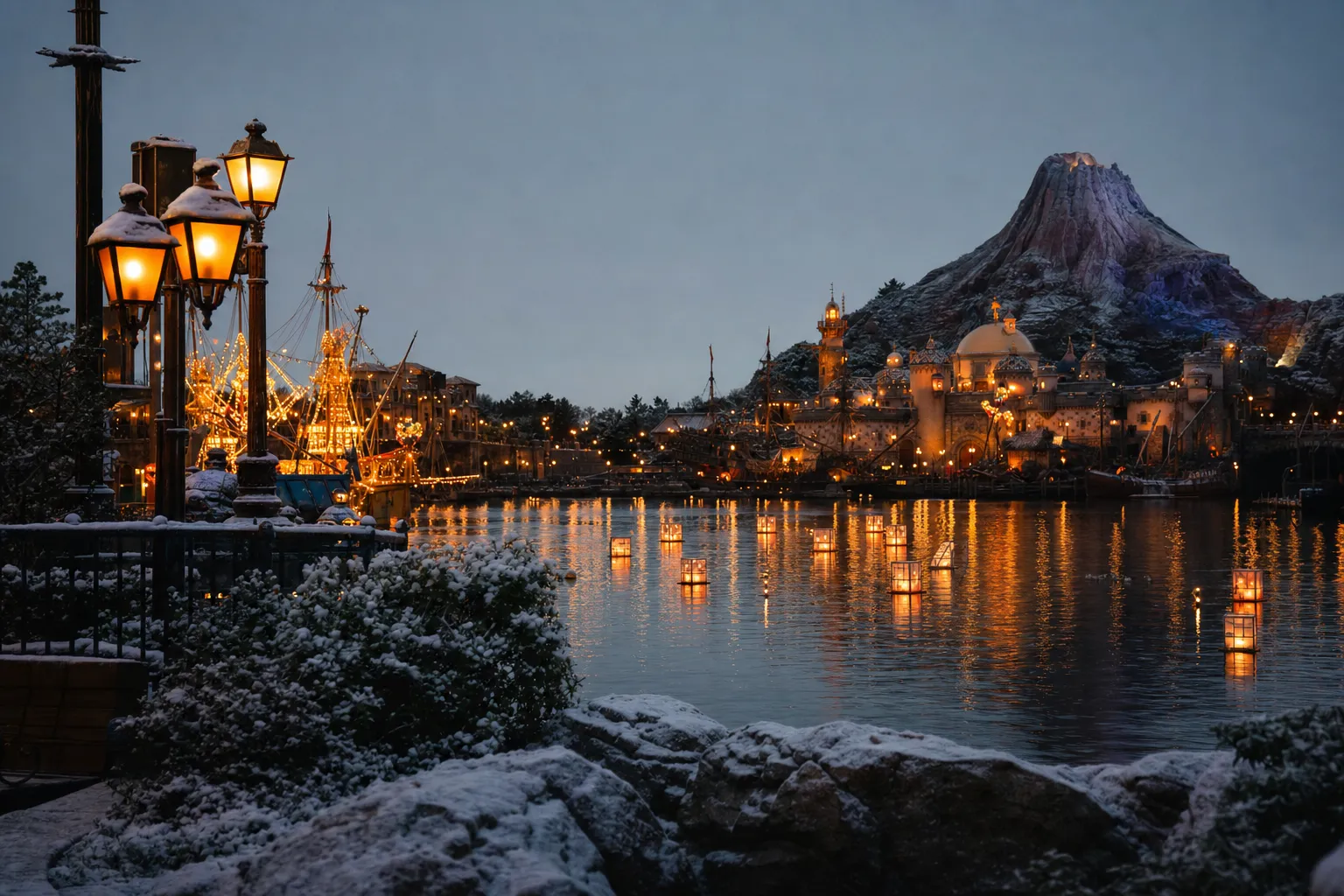 Tokyo DisneySea at dusk with warm decorative lighting reflected across the harbor water