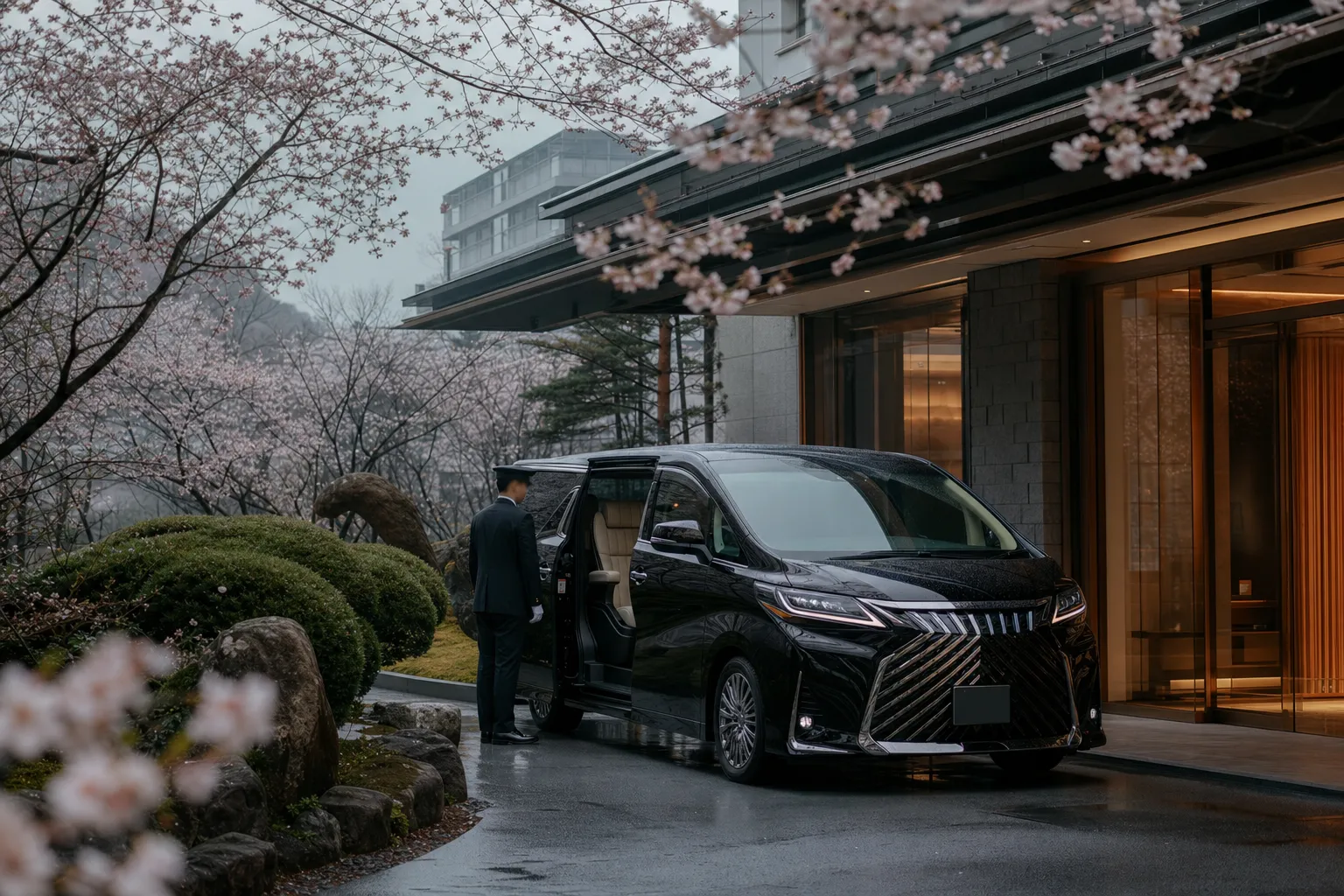 A black luxury minivan with a chauffeur waiting outside a Tokyo hotel for a private transfer