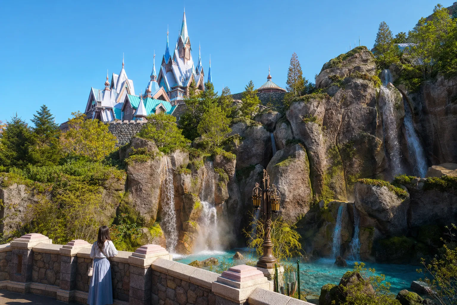 Tokyo DisneySea Fantasy Springs port with themed architecture and waterfalls on a clear day