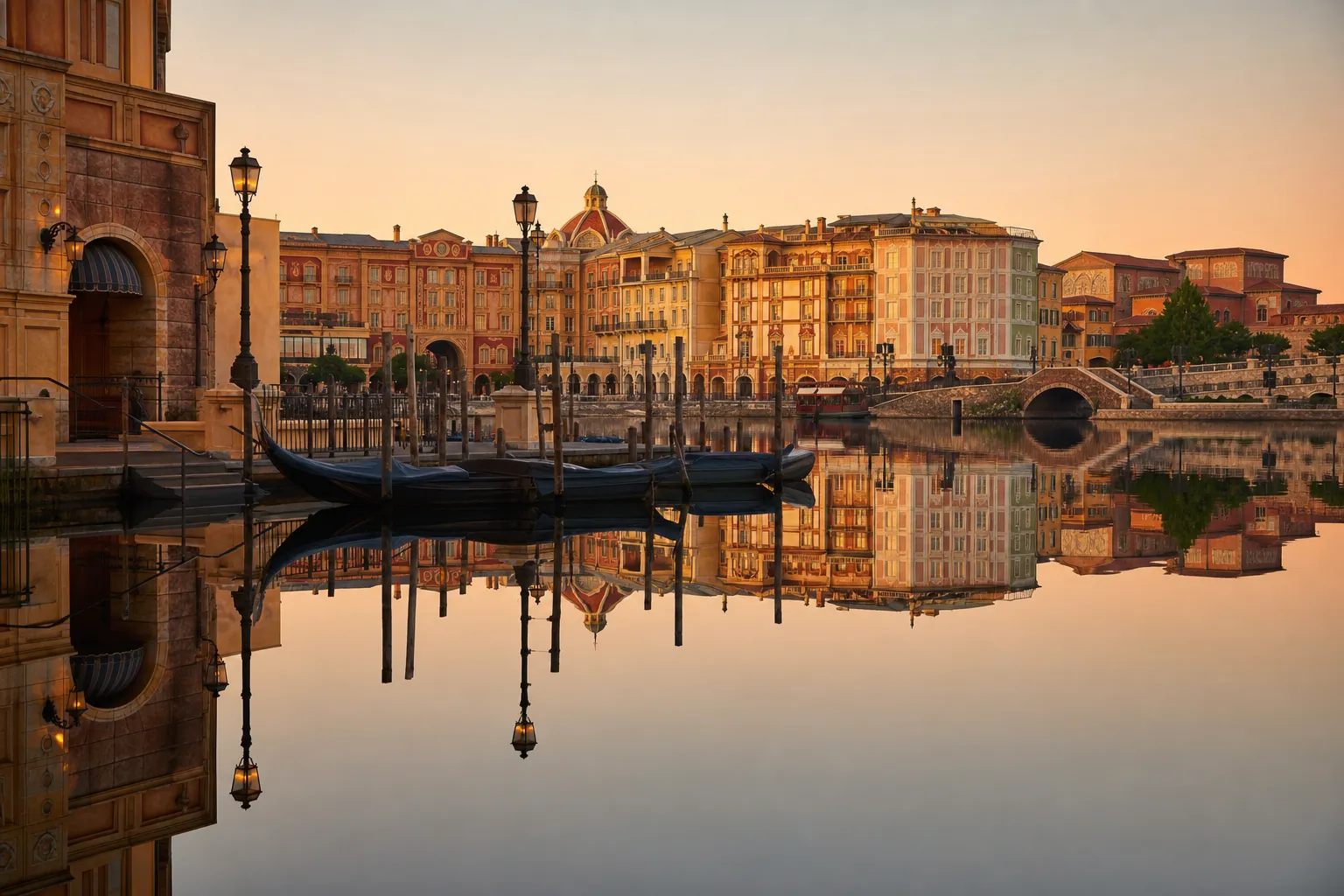 Tokyo DisneySea Mediterranean Harbor reflected in calm water during quiet early morning