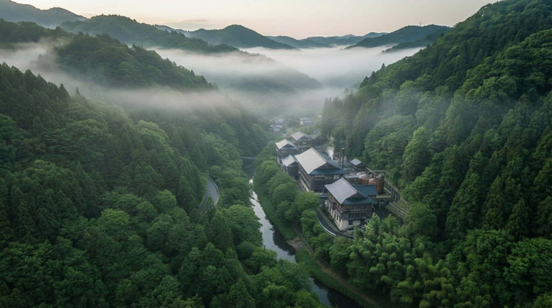 A working brewery deep in a misty mountain valley, steam rising over the river
