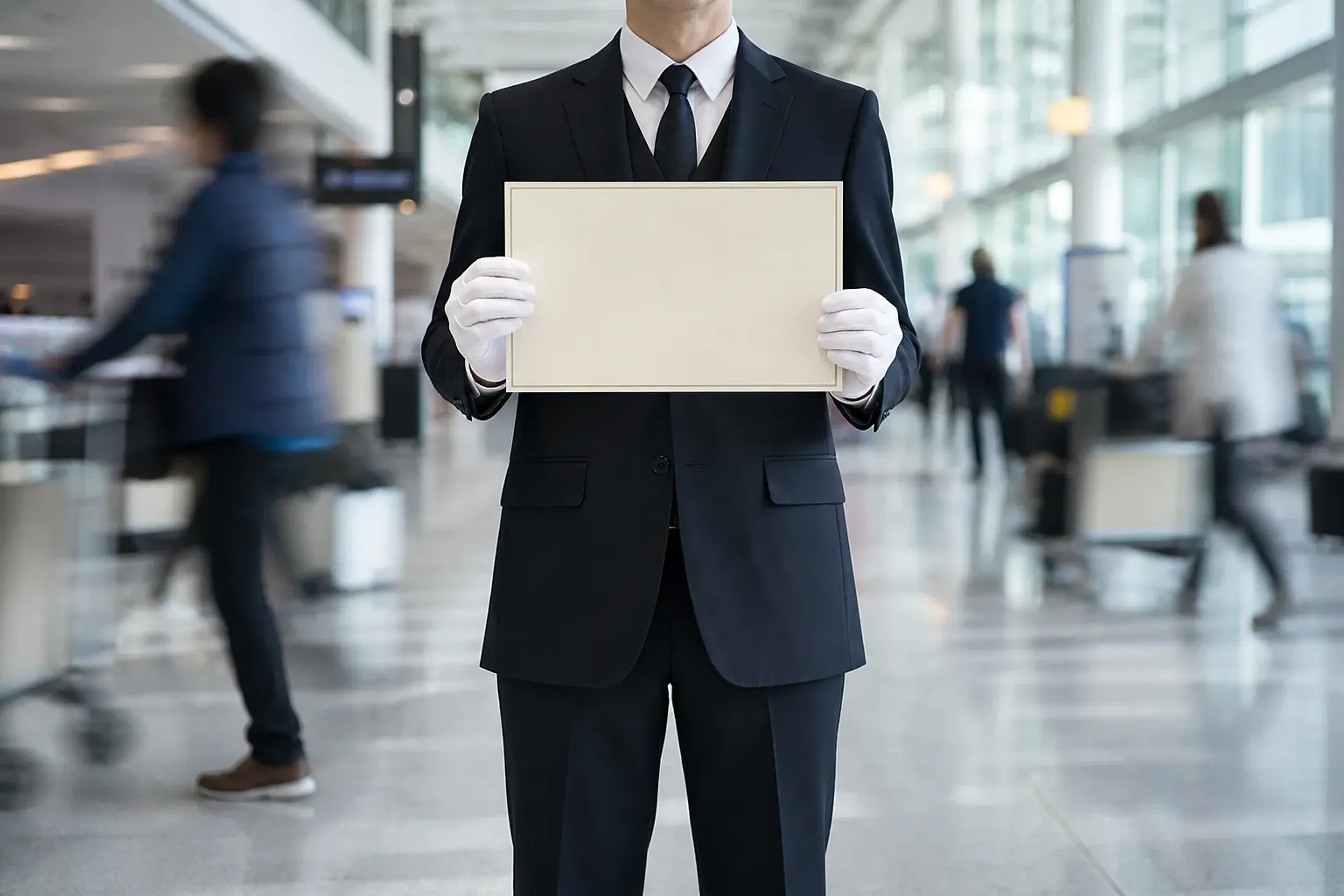 Chauffeur holding a name board in a Tokyo airport arrivals hall for a meet-and-greet transfer