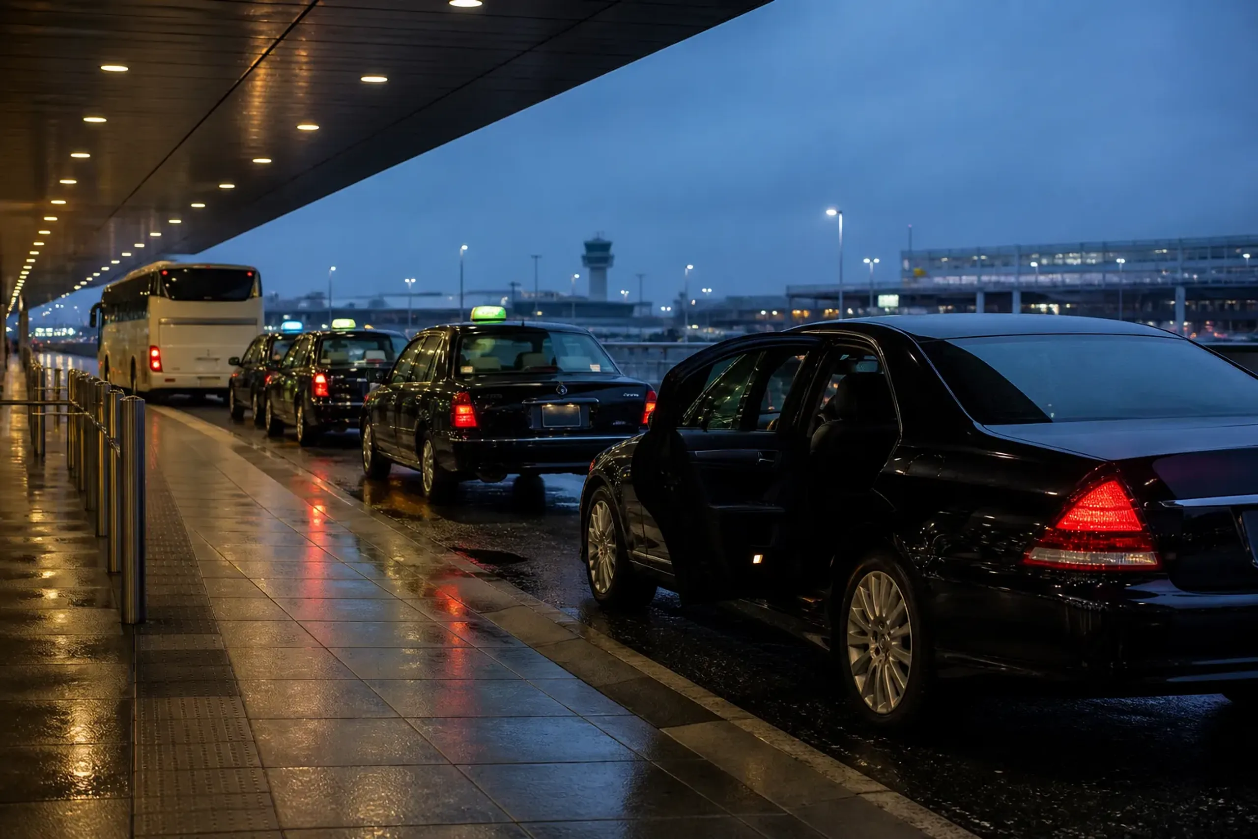 Airport limousine bus, taxi, and private chauffeur car at a Tokyo airport curb