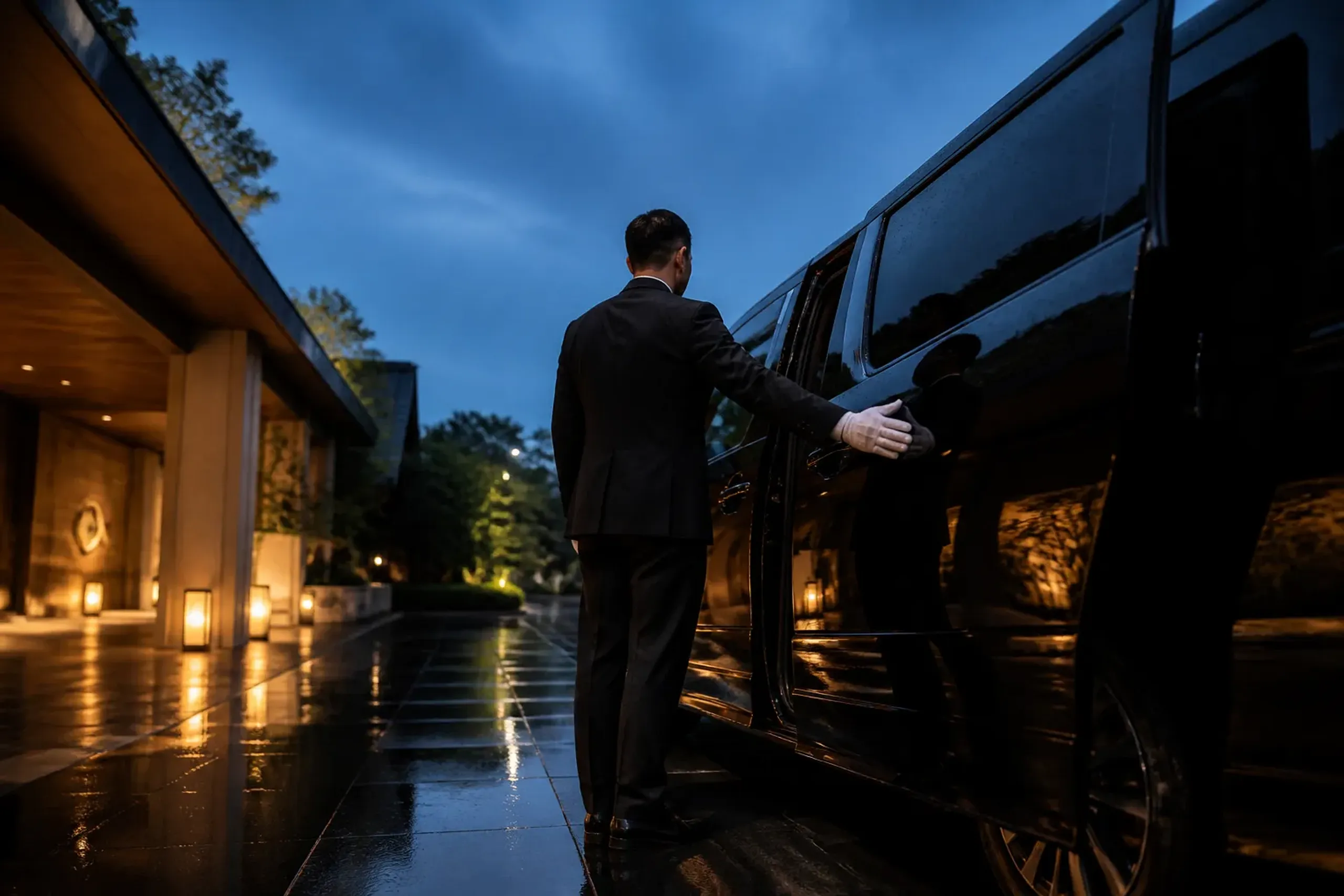 Chauffeur closing the sliding door of an executive van for a guest at a central Tokyo hotel