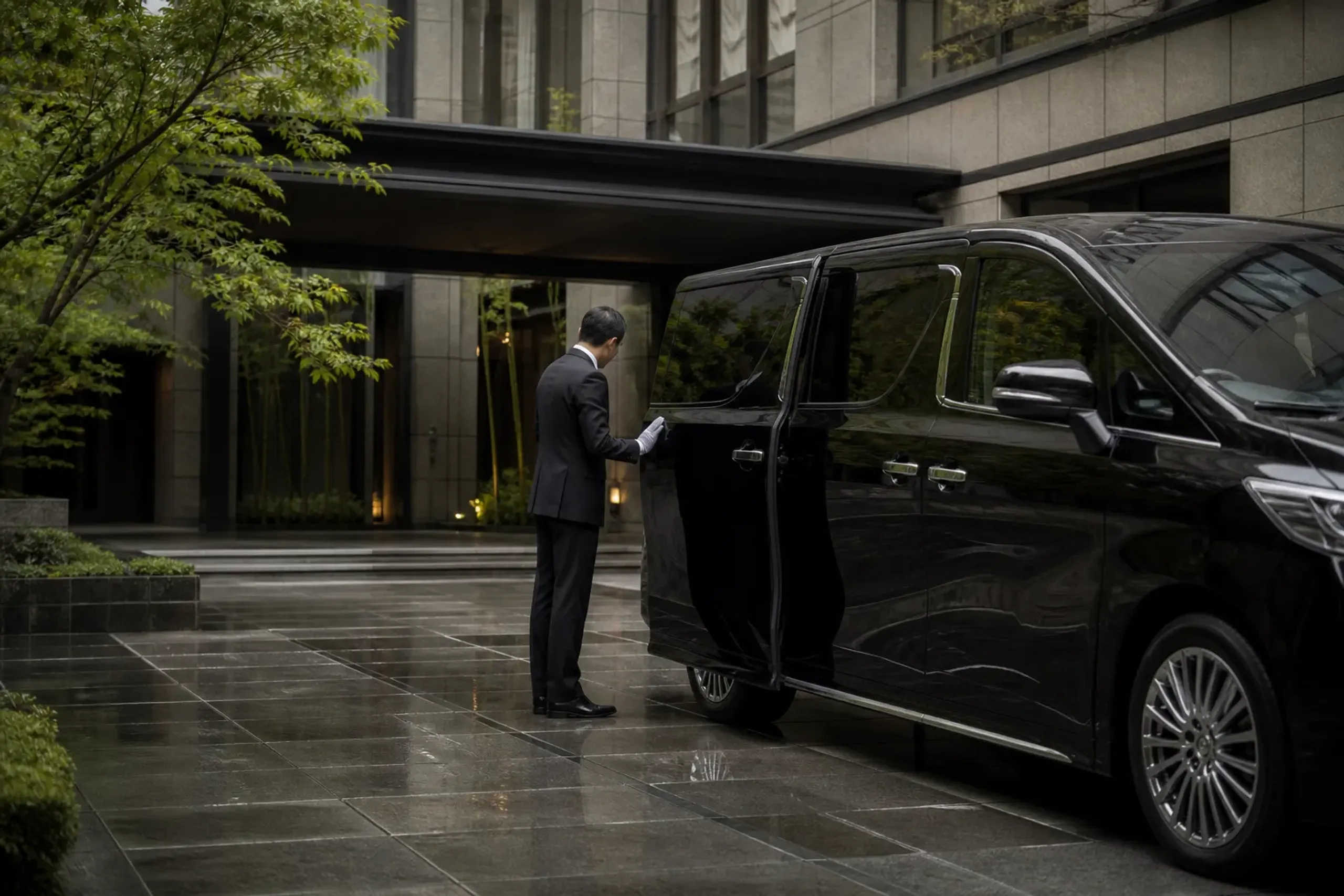 Chauffeur closing the sliding door of an executive van for a guest at a central Tokyo hotel