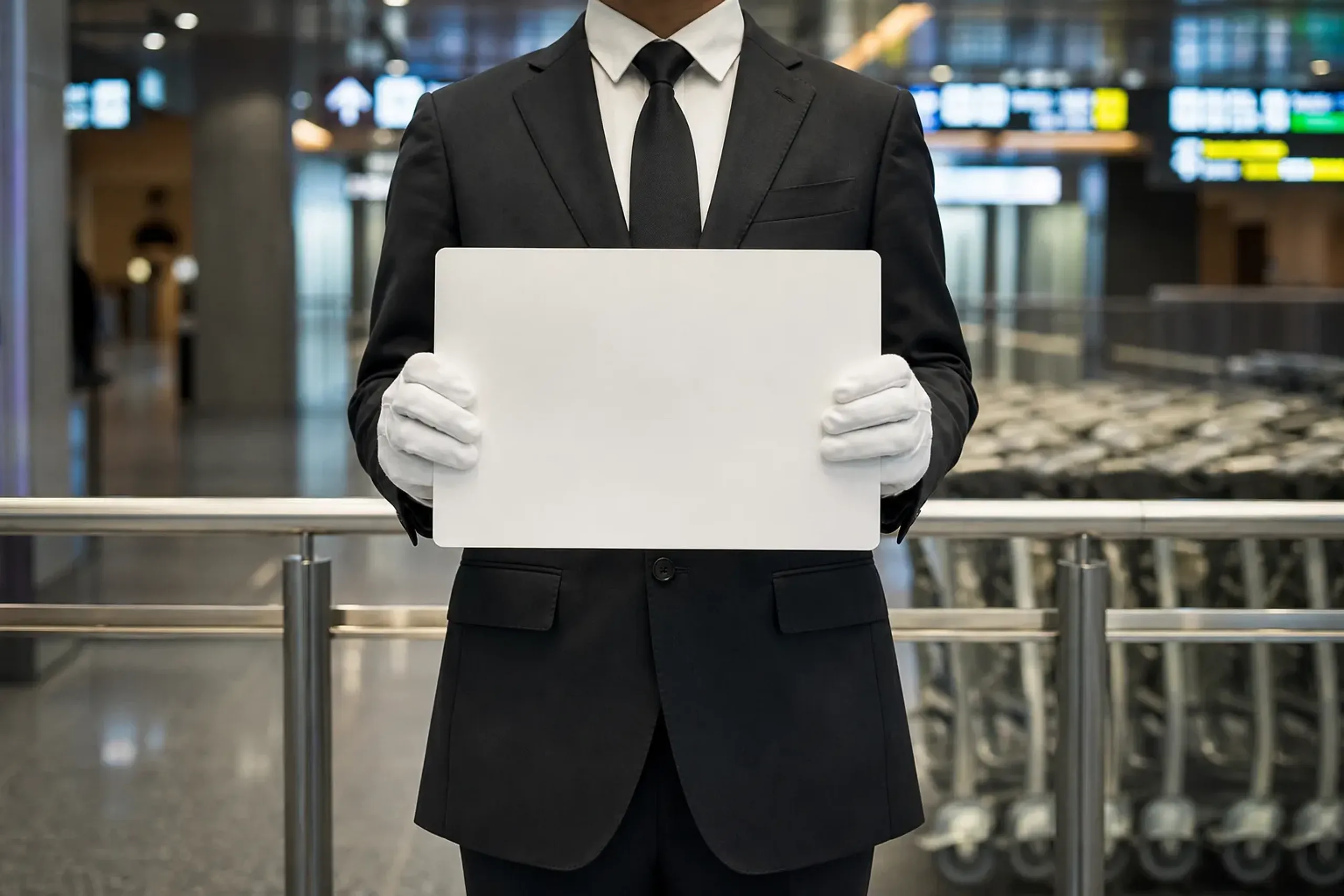 Driver holding a name board inside an airport arrivals hall in Tokyo for meet-and-greet pickup