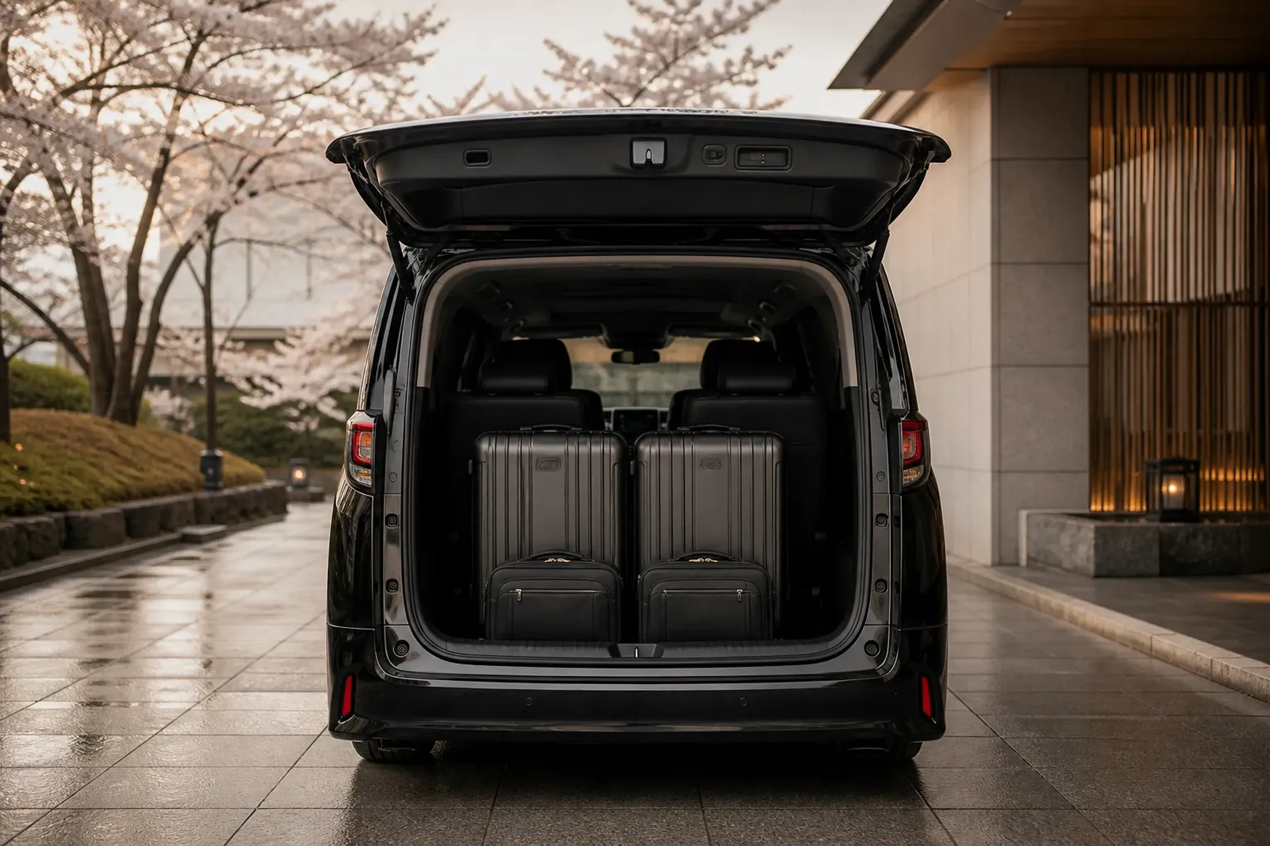 Luxury minivan cargo area with large suitcases and carry-on luggage arranged to show real capacity