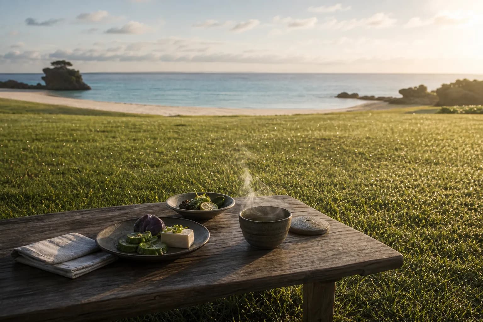 Beachfront wellness setting with Okinawan longevity cuisine near the sea