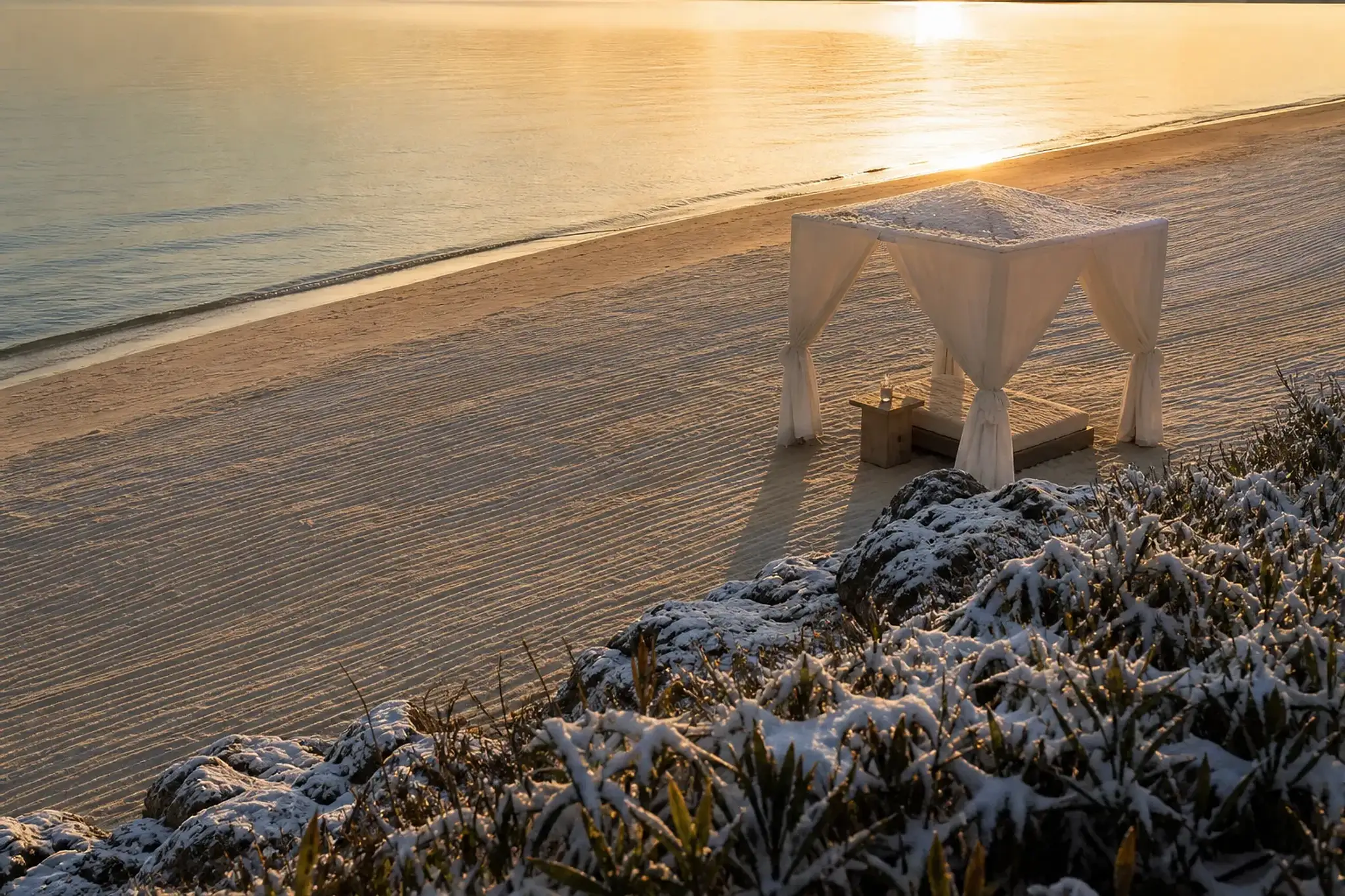 A single private beach cabana, freshly raked sand around it, on the guest-only shoreline of The Atta Terrace Club Towers along the Onna coast at golden hour, a chilled beverage resting on the cabana's