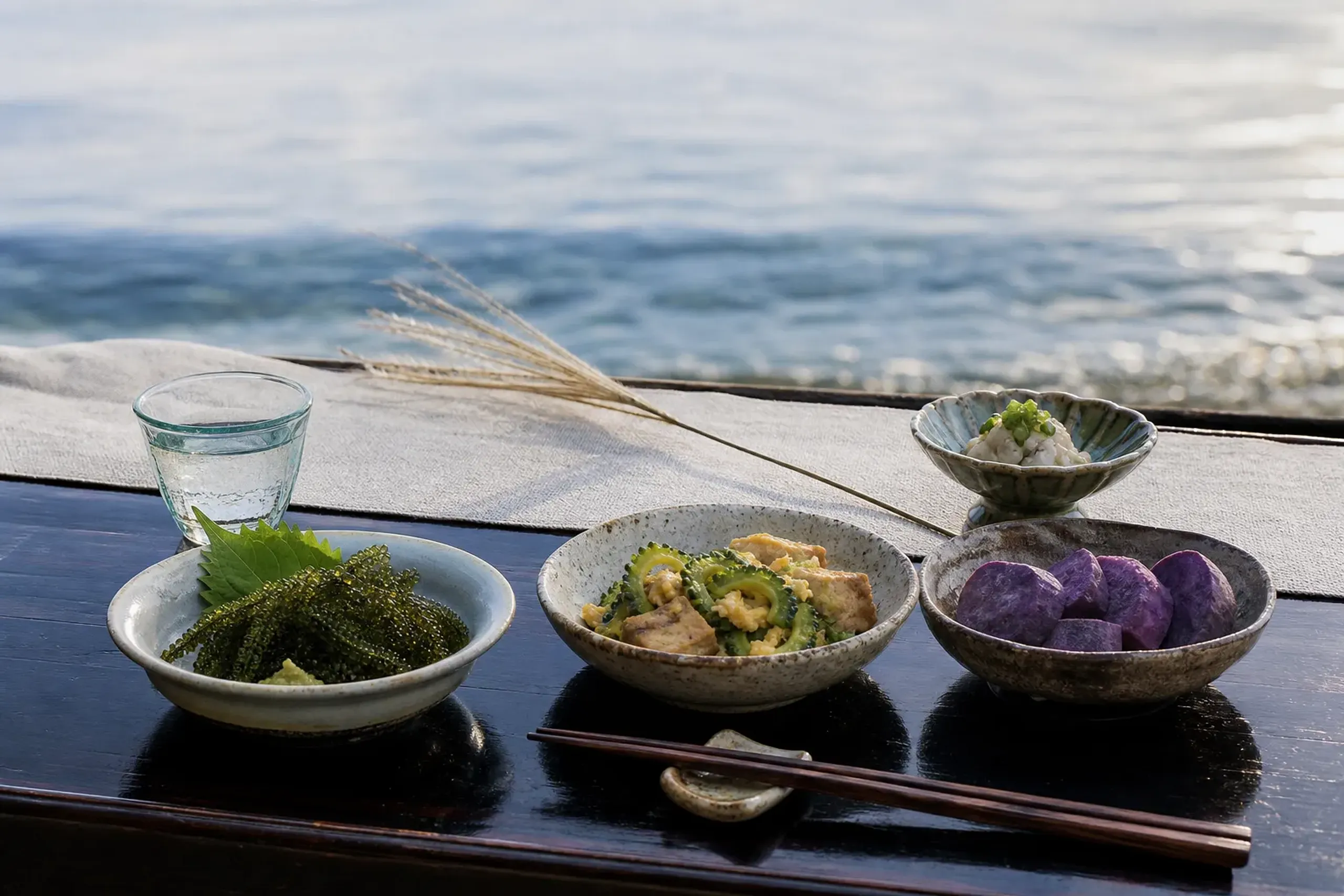 Beachfront wellness setting with Okinawan longevity cuisine near the sea