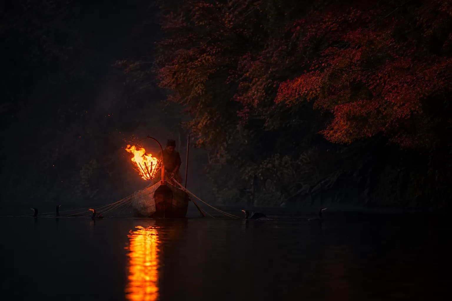 Torchlit wooden boat during ukai on a dark river with reflections on the water