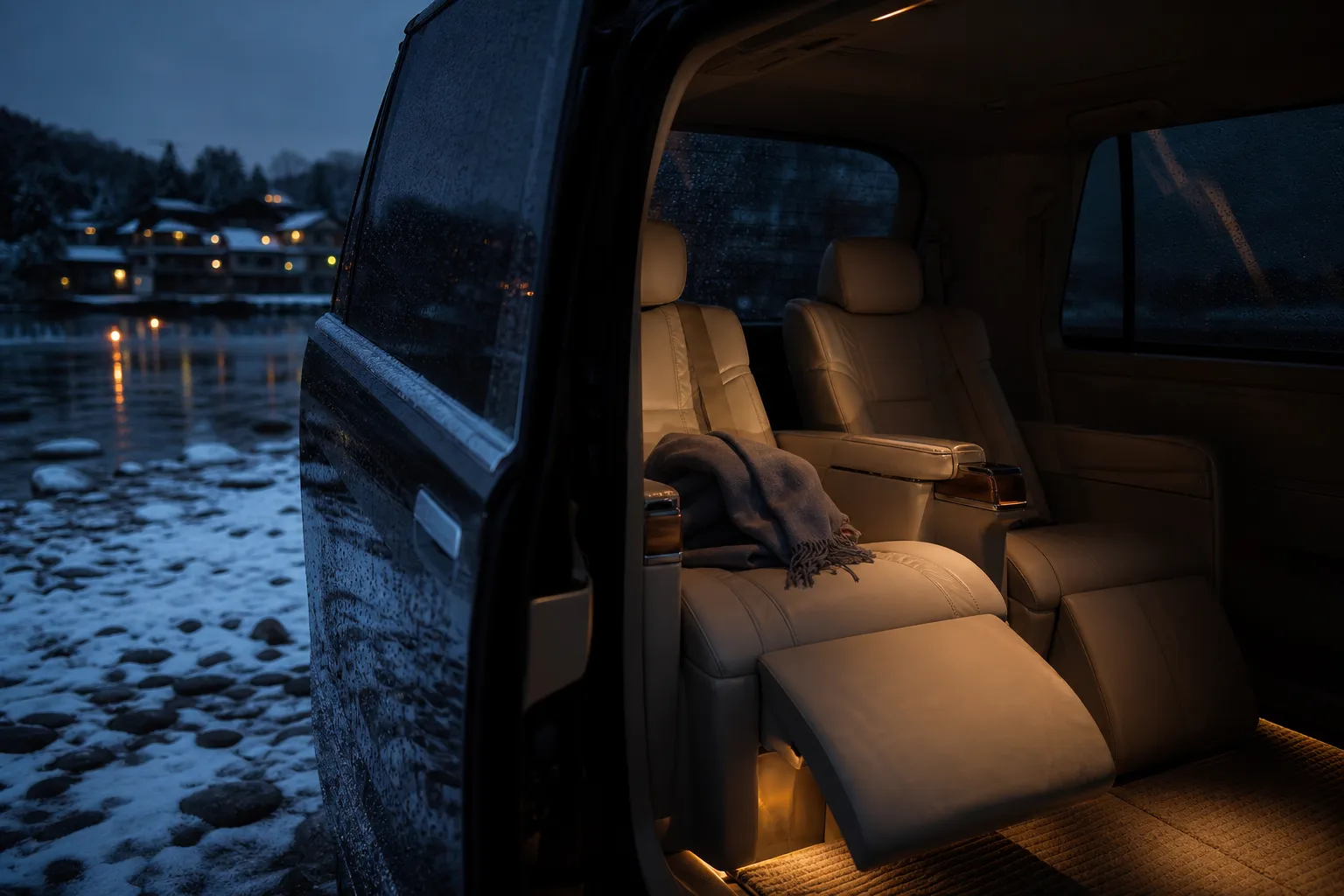 Luxury chauffeured vehicle interior with soft lighting prepared for a night cultural outing