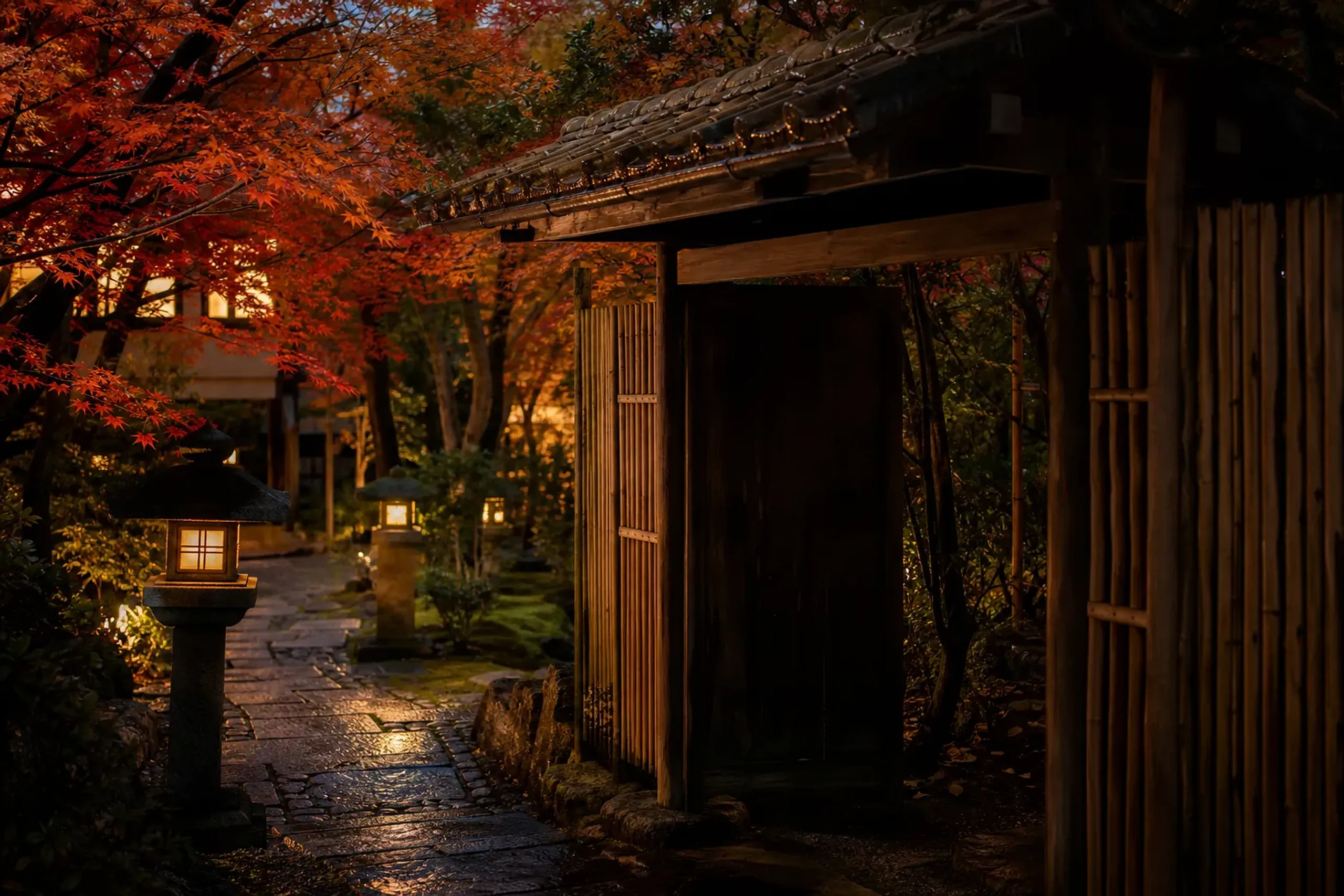 A moss-shadowed sukiya-style ryokan gate in Kyoto's Higashiyama district, with stone lanterns along a narrow approach lane near Nanzen-ji