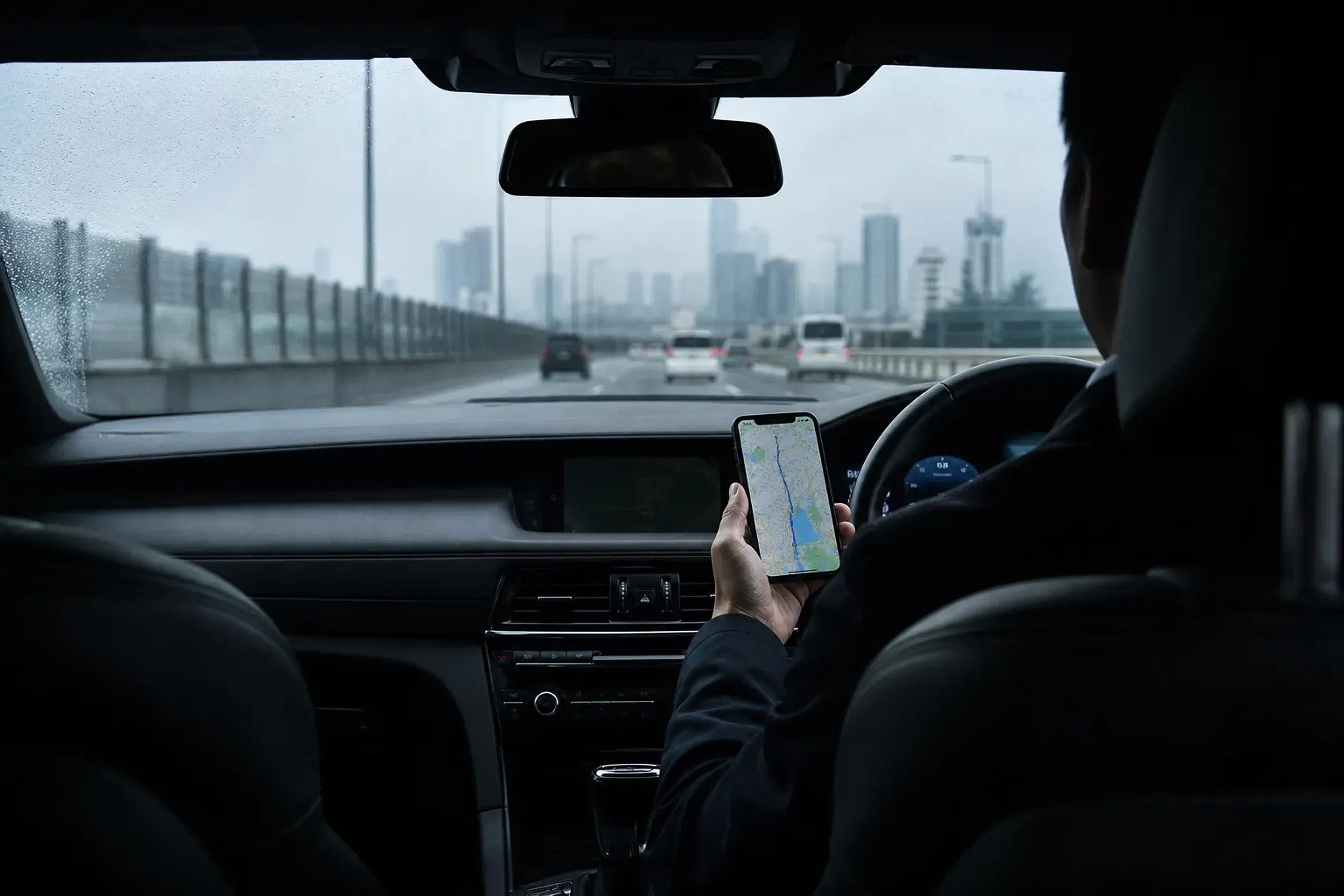 A smartphone screen mounted in a car showing a live map with the vehicle's real-time location and ETA route into central Osaka