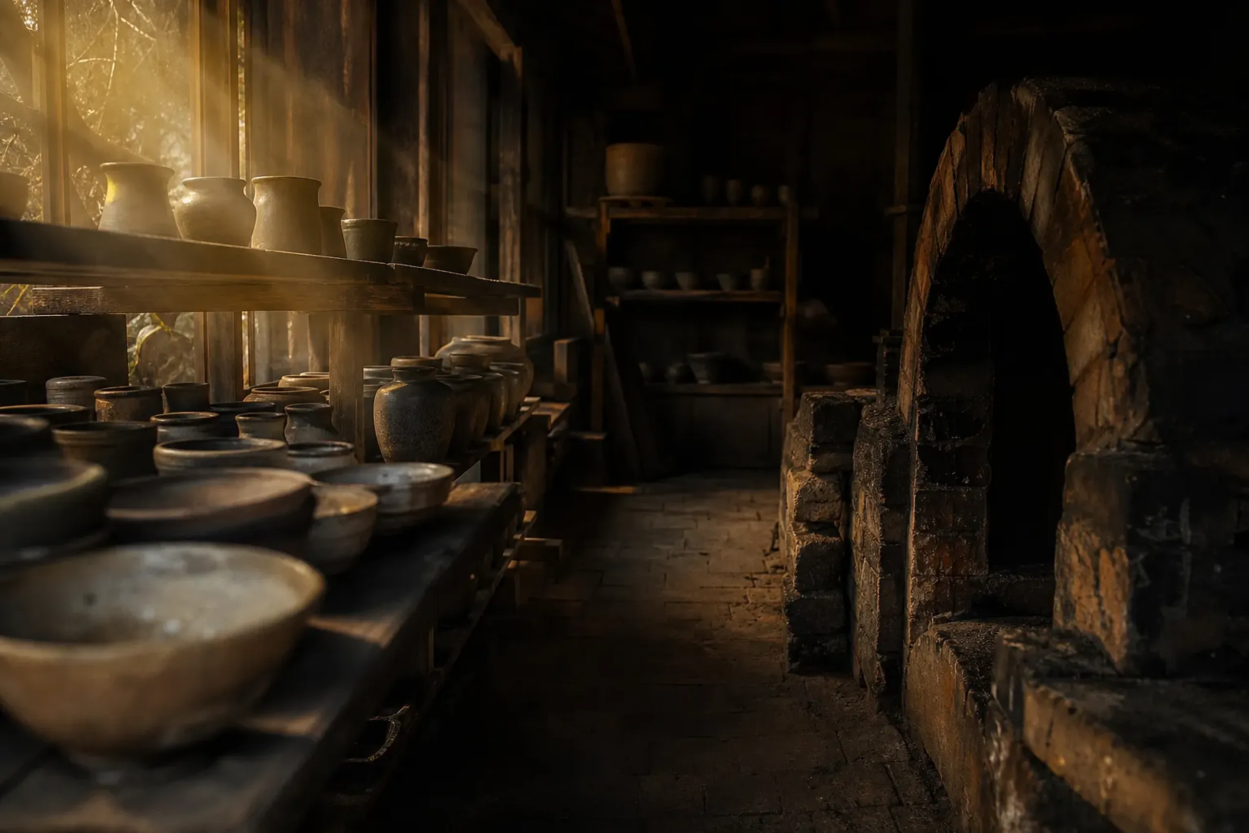 A Kyoto kiln master's workshop with an anagama wood-fired kiln and unglazed ceramic vessels arranged on wooden shelves