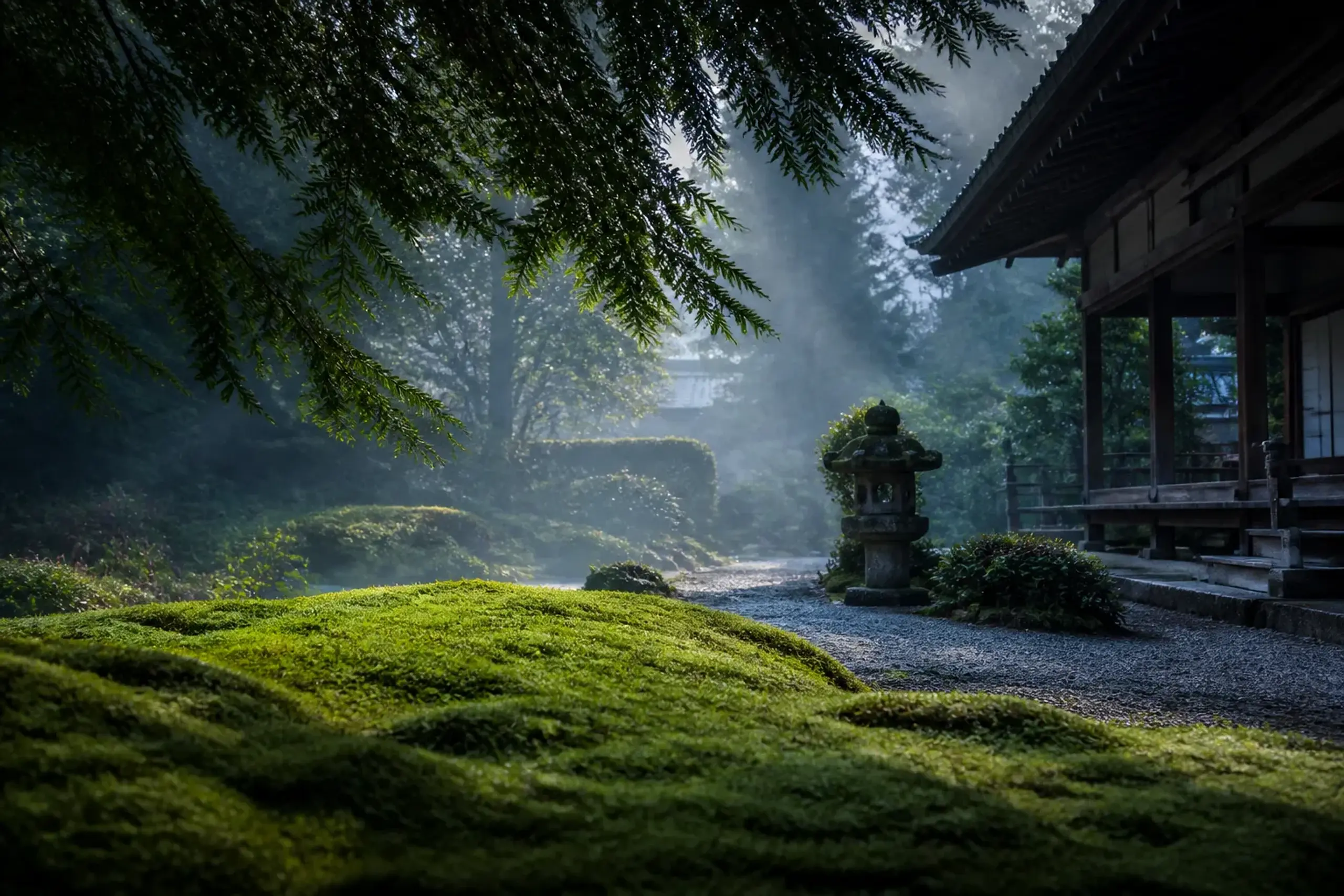 Quiet moss-covered Zen garden in Kyoto without tourists