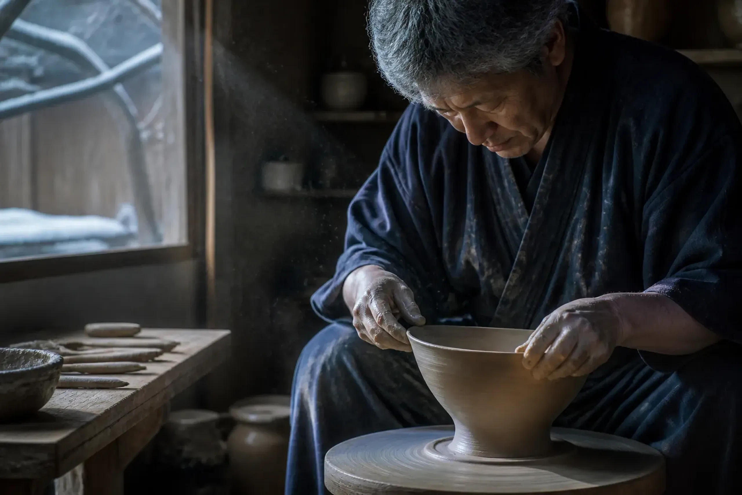 Traditional Japanese ceramic artisan working in a private studio