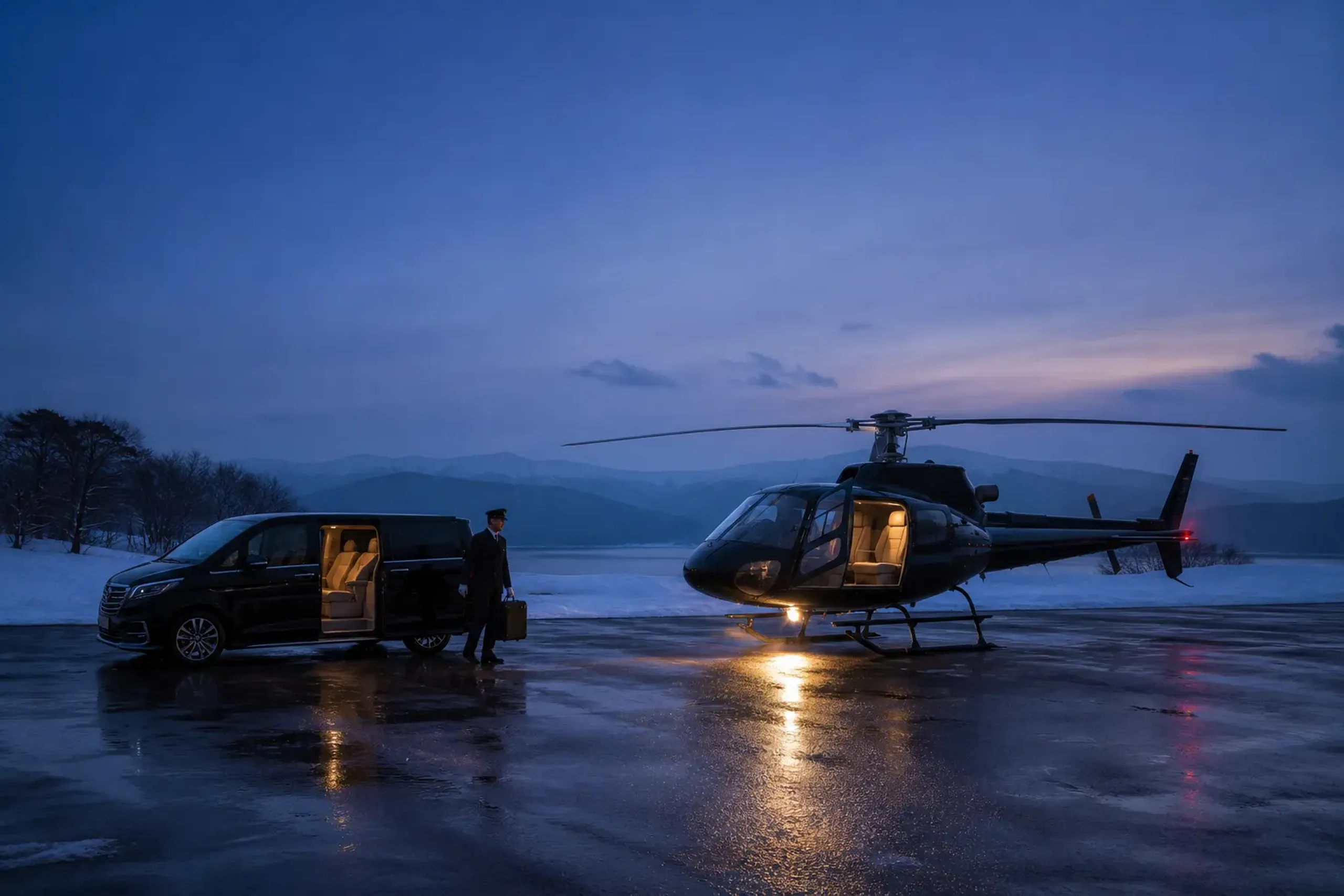 Private helicopter on a heliport in Japan with an executive vehicle waiting for transfer