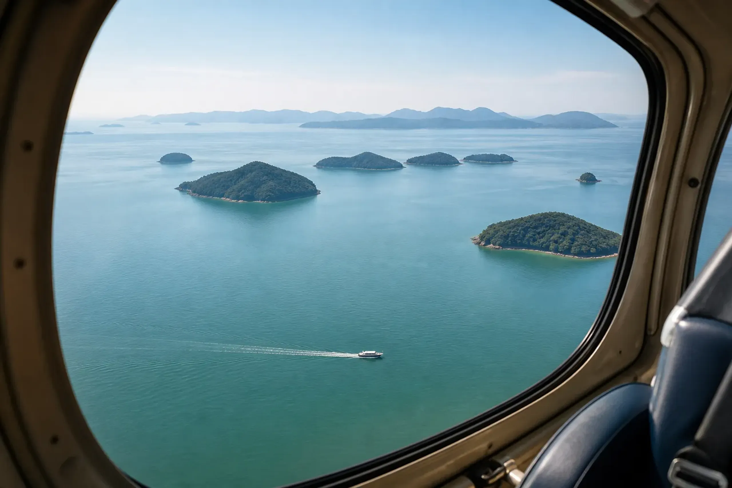Aerial view of Setouchi art islands and the Inland Sea from a helicopter in Japan