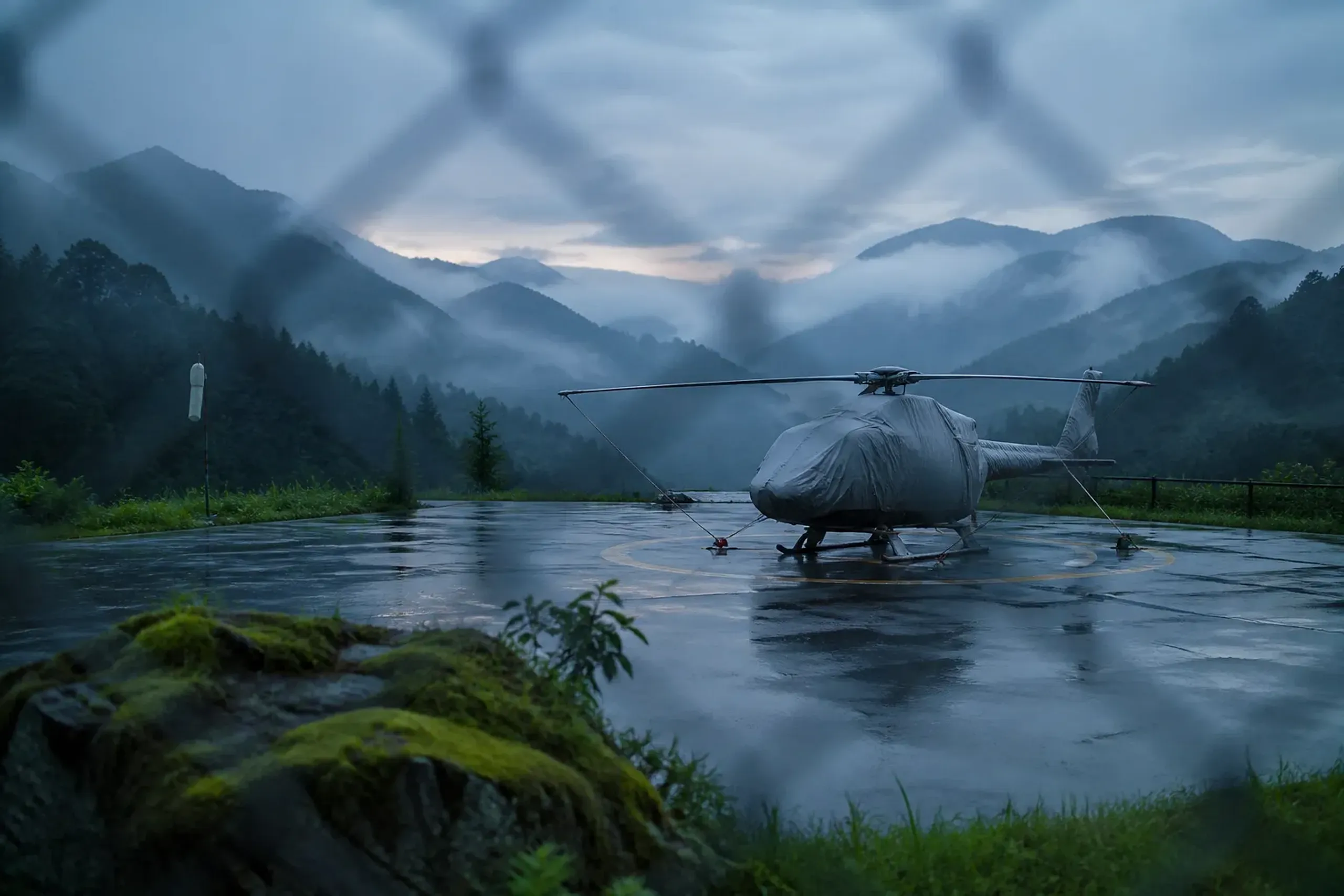 a private helicopter grounded on a heliport tarmac as thick fog rolls into a mountain valley, rotor blades still, mist obscuring the surrounding forested slopes