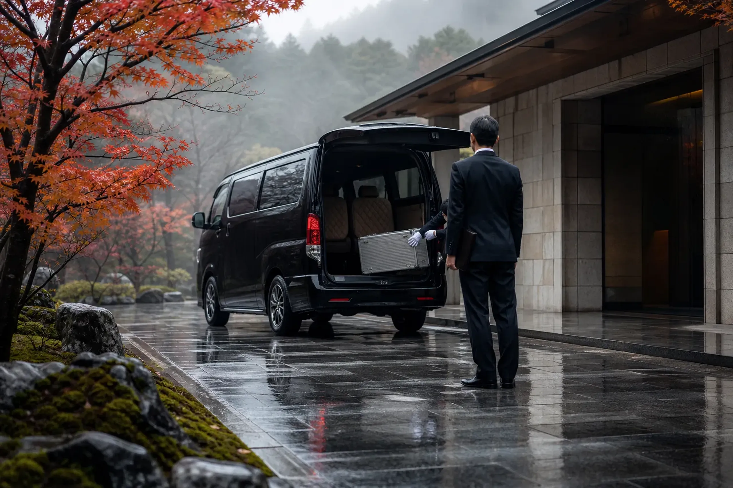 Chauffeur-driven van and luggage transfer outside a luxury hotel in Tokyo