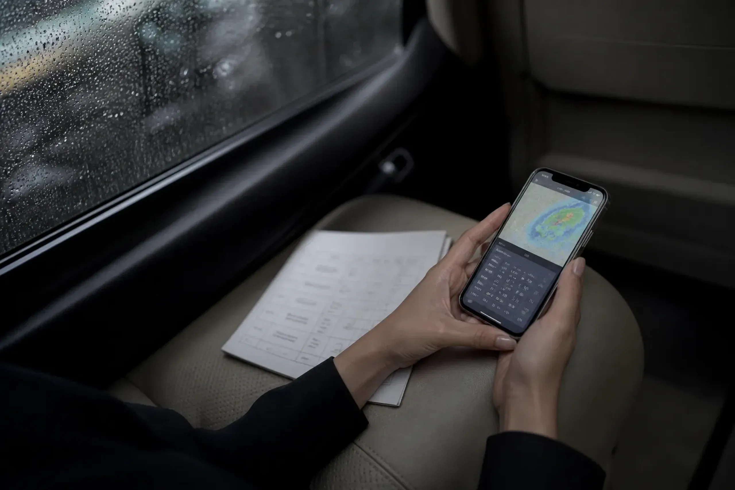 Coordinator checking weather and flight status next to a printed itinerary