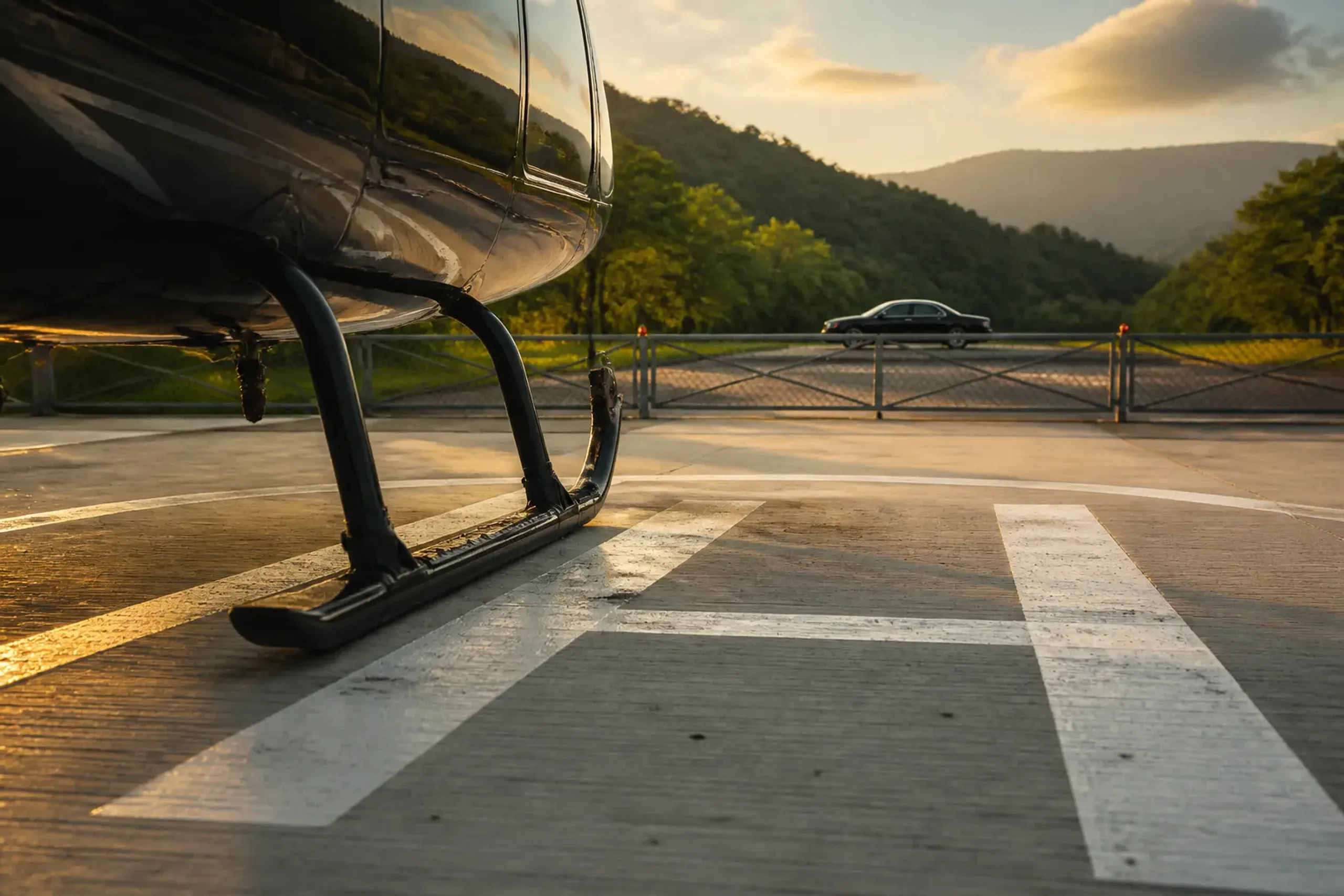 A private helicopter's landing skids resting on a marked heliport helipad, with an empty luxury black sedan waiting at a distant gate barrier in the background, illustrating the gap between airside an