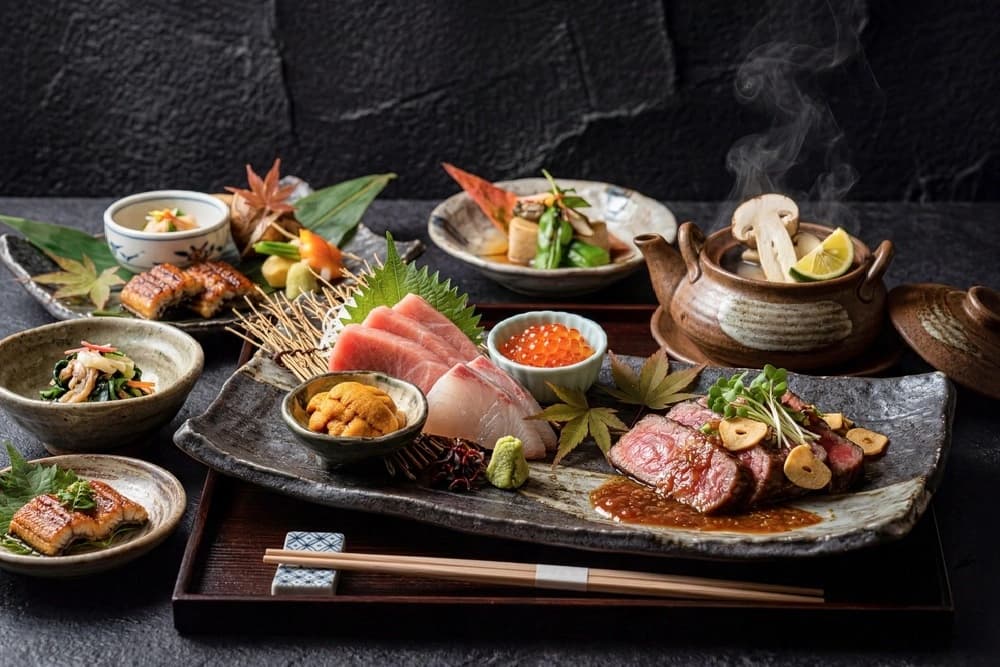Assorted Japanese meal: sashimi platter with tuna and white fish, roe, garnishes, and wasabi on a ceramic tray with side dishes and a hot pot nearby.