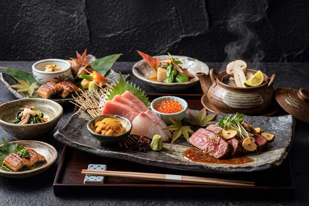 Assorted Japanese meal: sashimi platter with tuna and white fish, roe, garnishes, and wasabi on a ceramic tray with side dishes and a hot pot nearby.