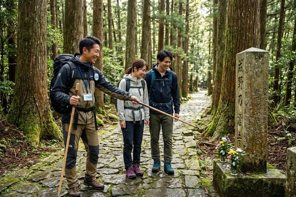 Three hikers stand on a mossy stone path in a forest, pointing at a tall stone monument with flowers at its base.
