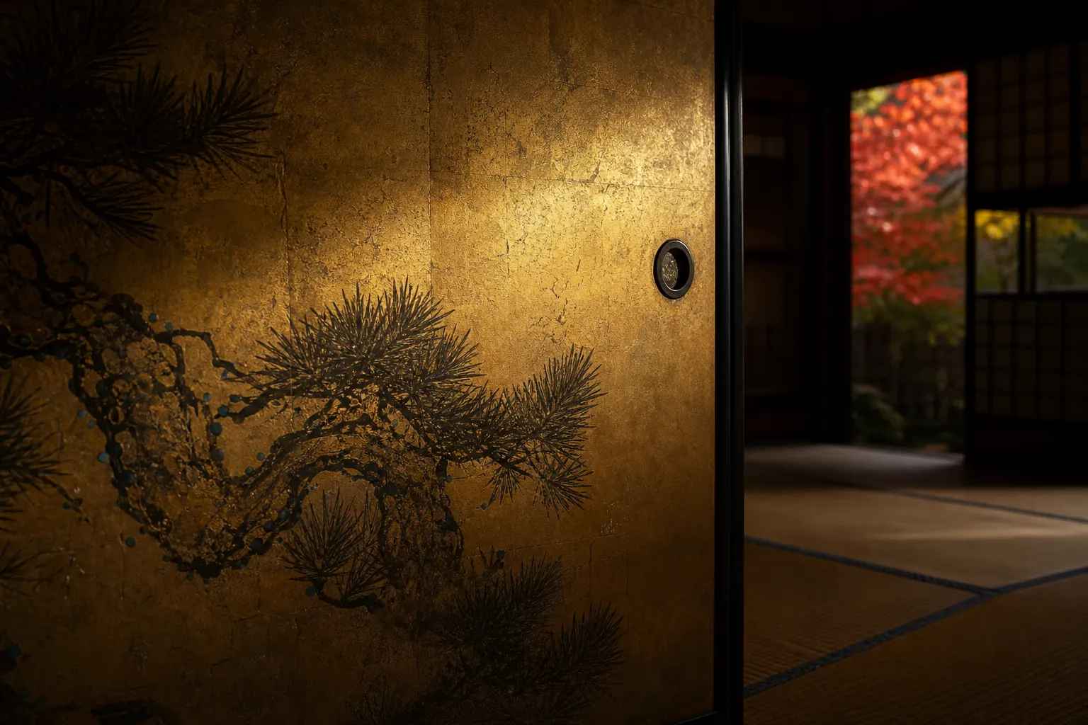 Beautifully painted antique sliding doors featuring gold leaf and pine trees inside a dimly lit temple room.