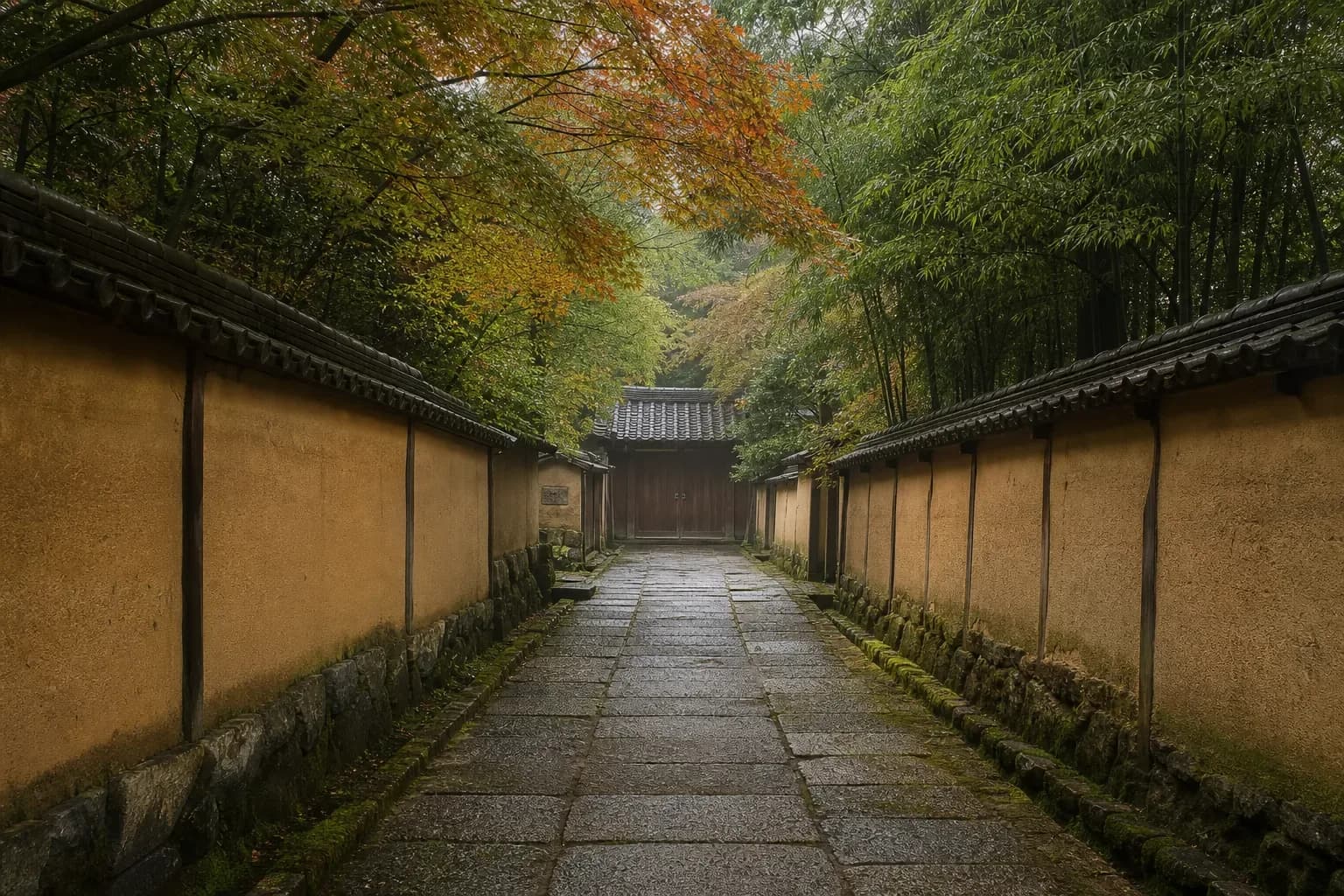 A narrow stone pathway lined with traditional mud walls and lush greenery leading to a closed temple gate.